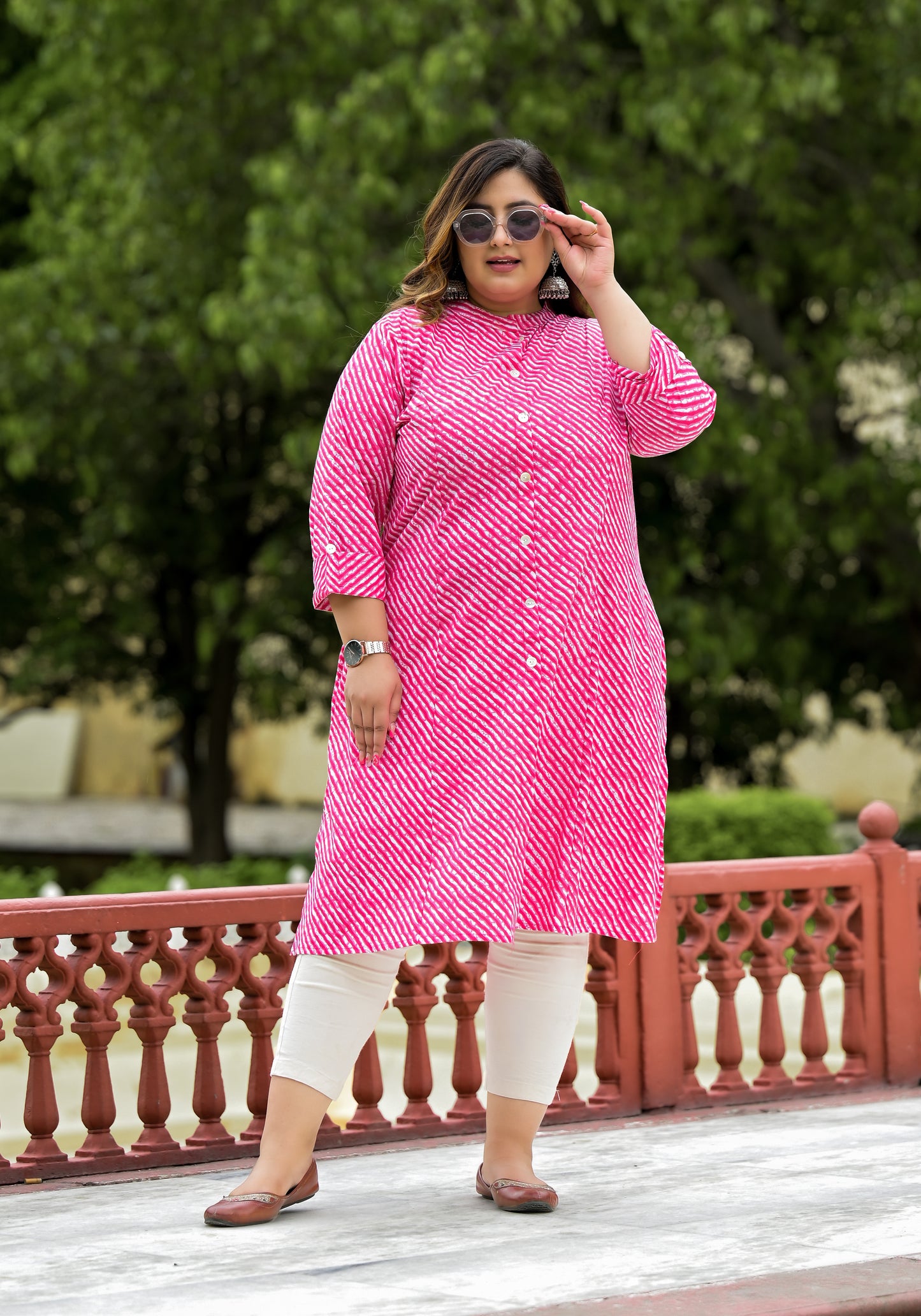 Pink Lehriya Front Slit 'A' Line Kurta (Cotton)