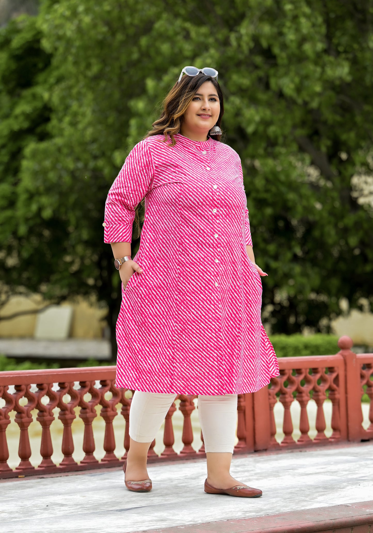 Pink Lehriya Front Slit 'A' Line Kurta (Cotton)