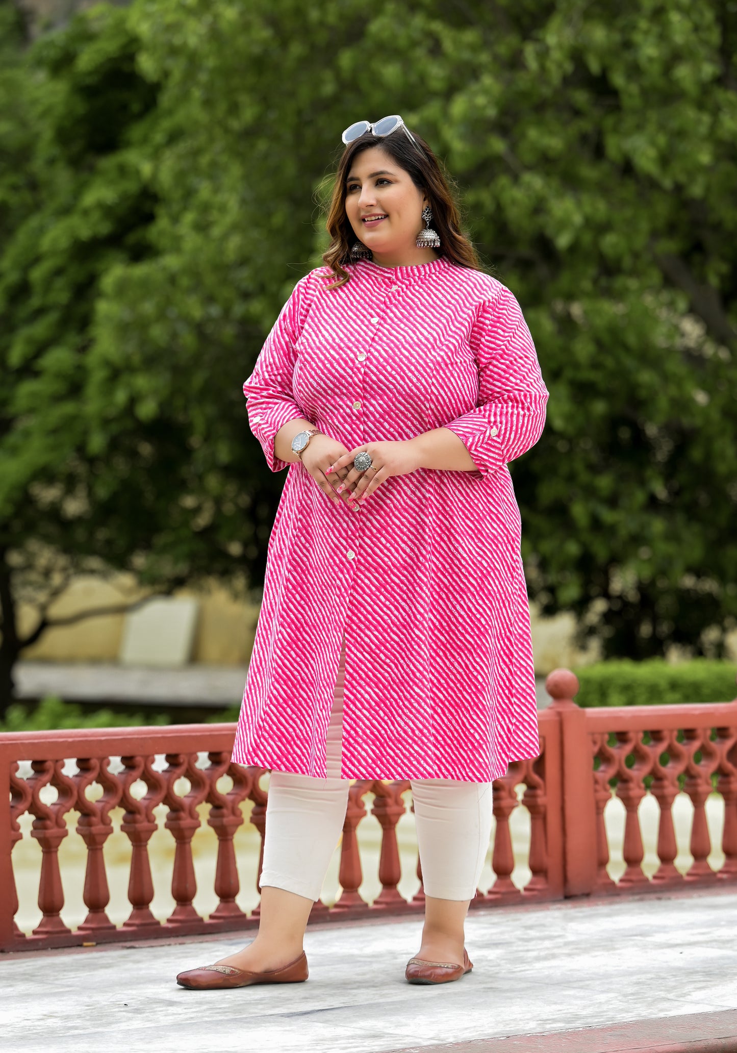 Pink Lehriya Front Slit 'A' Line Kurta (Cotton)