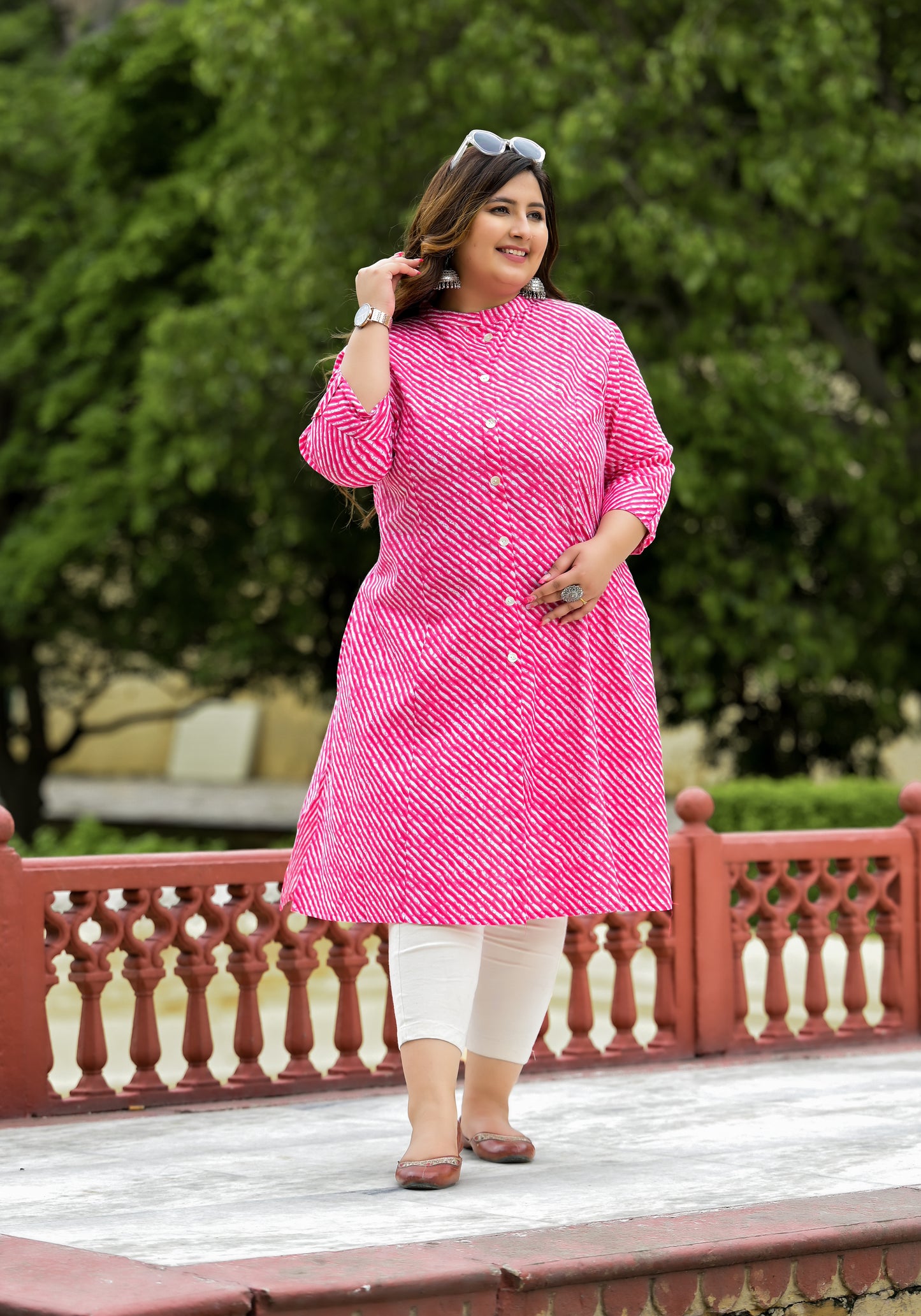 Pink Lehriya Front Slit 'A' Line Kurta (Cotton)