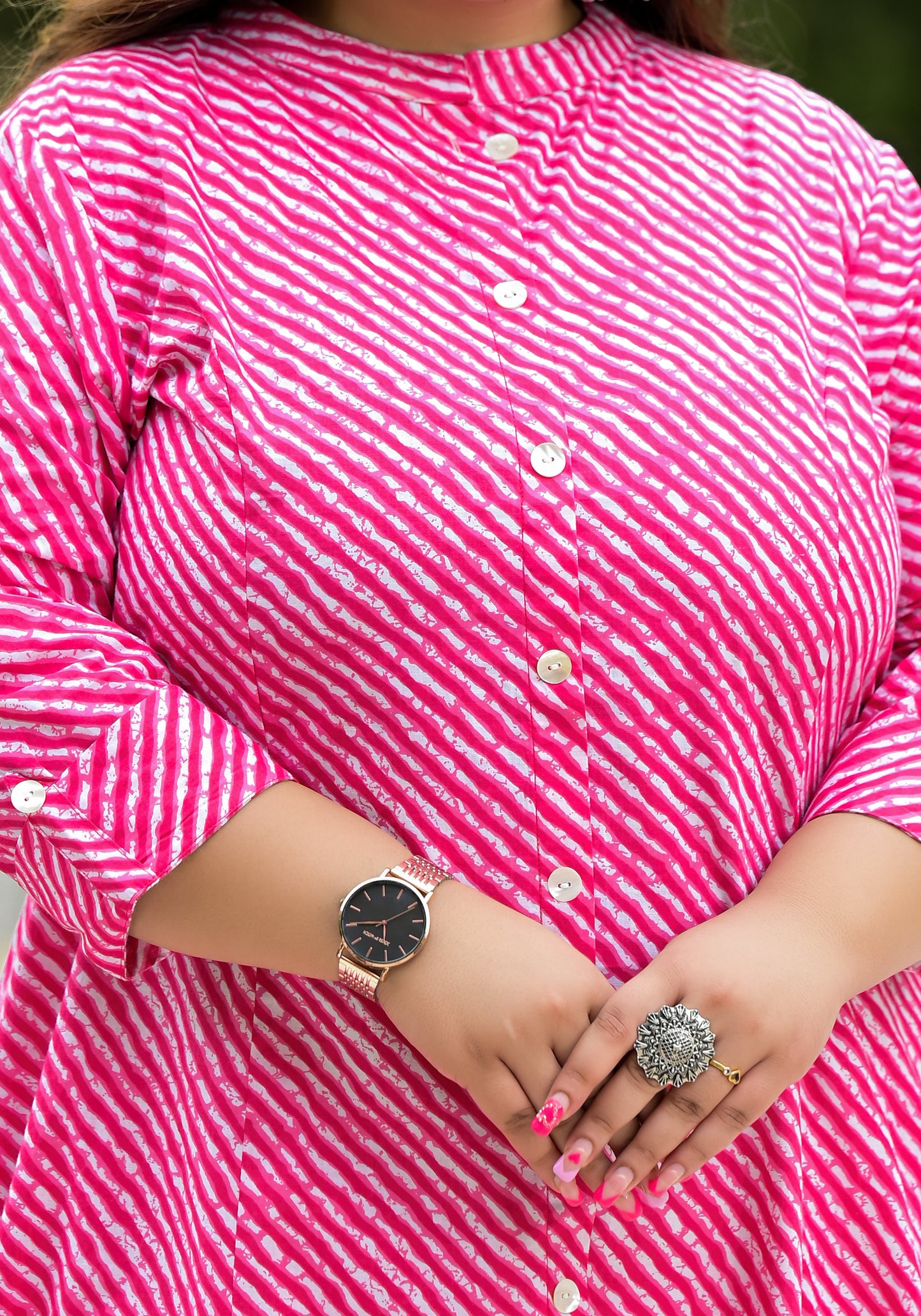 Pink Lehriya Front Slit 'A' Line Kurta (Cotton)