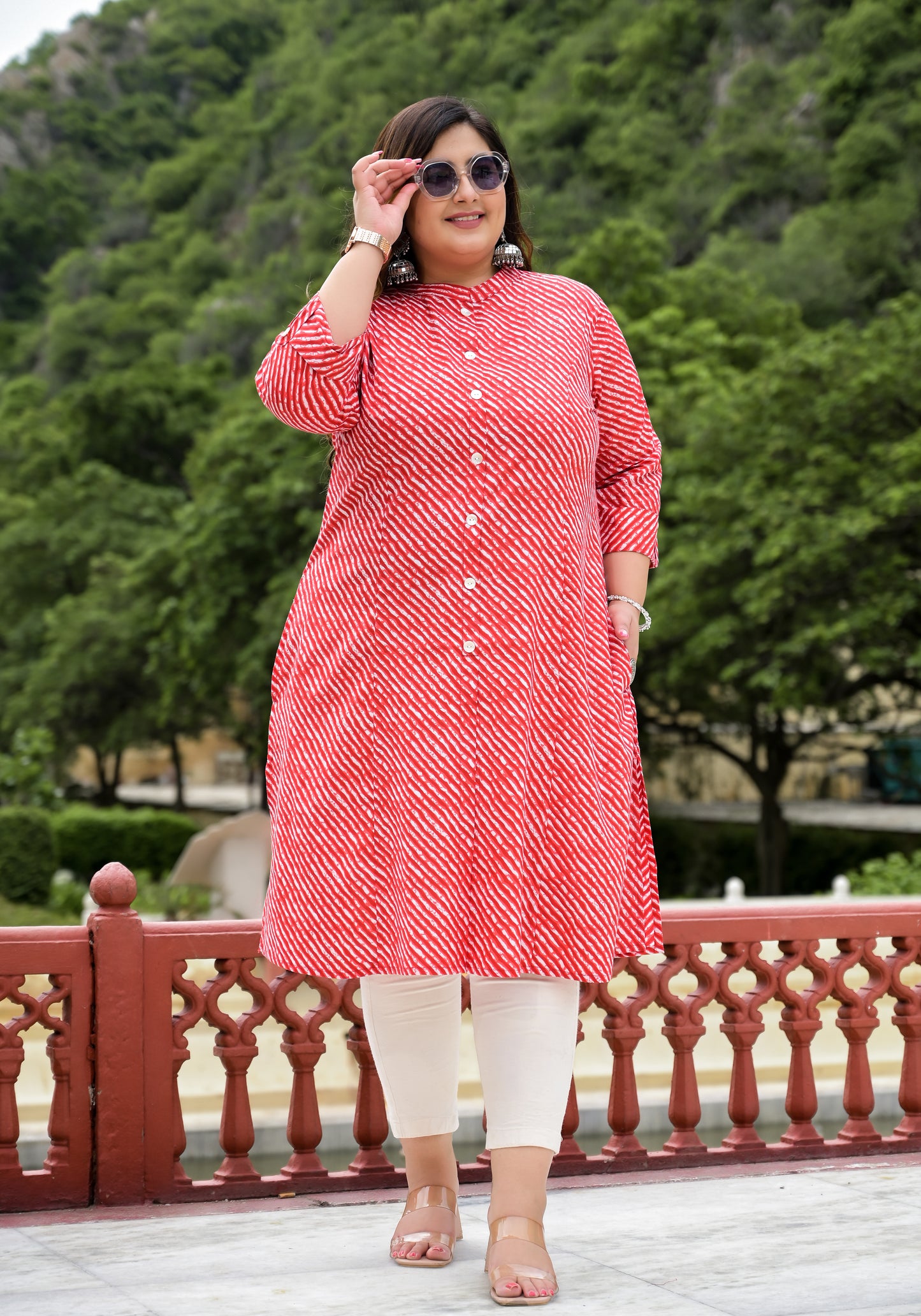 Red Lehriya Front Slit 'A' Line Kurta (Cotton)