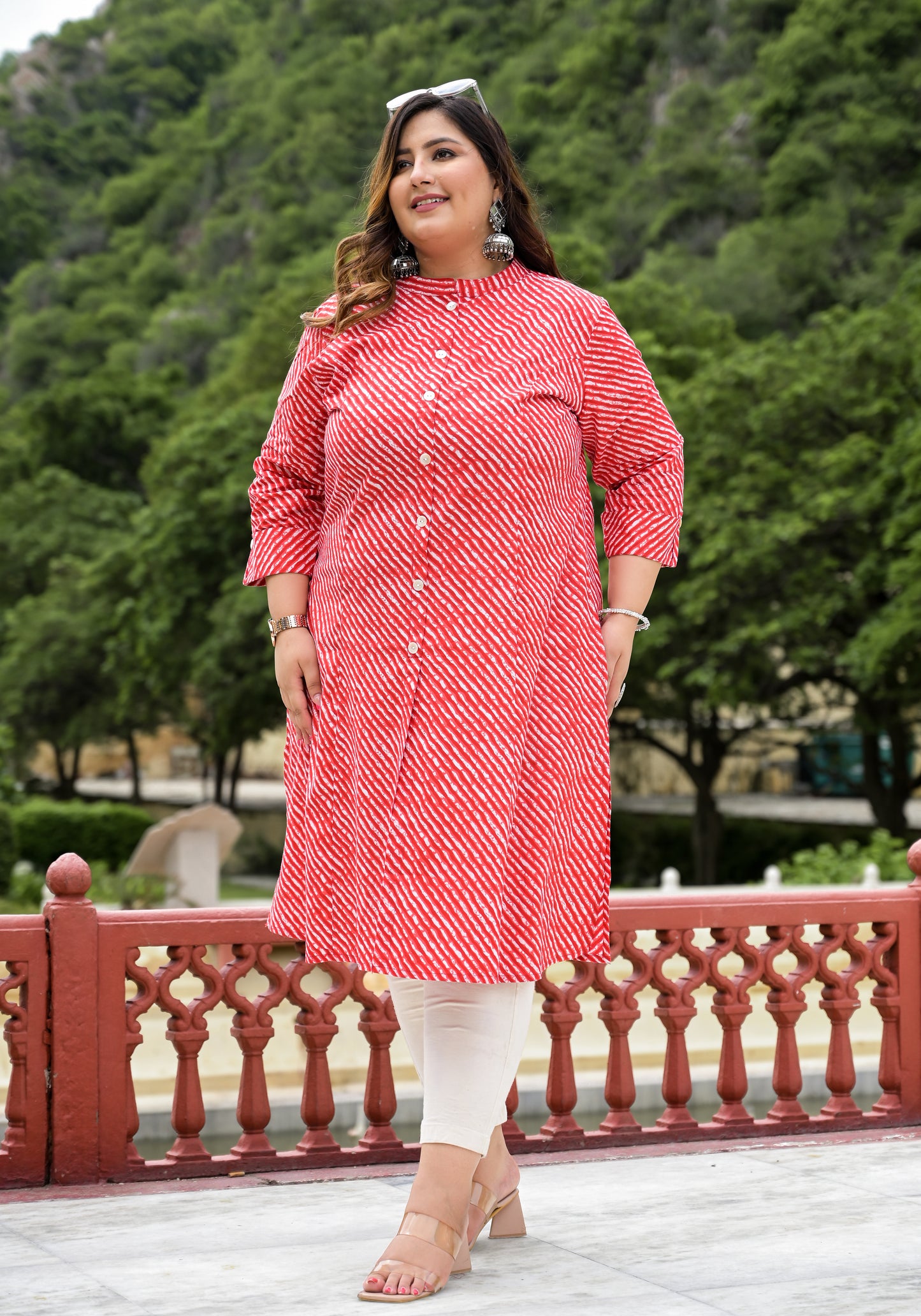 Red Lehriya Front Slit 'A' Line Kurta (Cotton)
