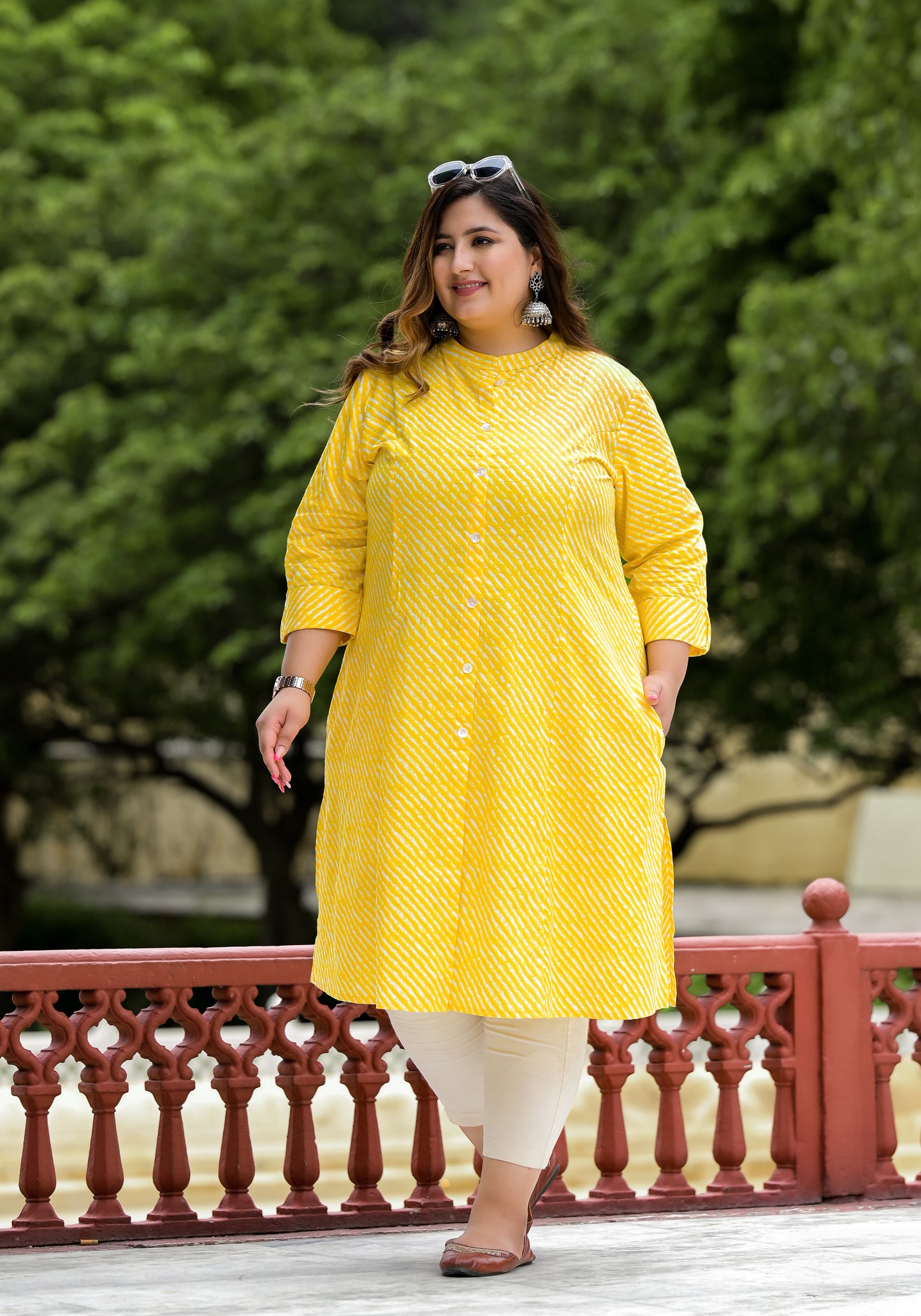 Yellow Lehriya Front Slit 'A' Line Kurta (Cotton)
