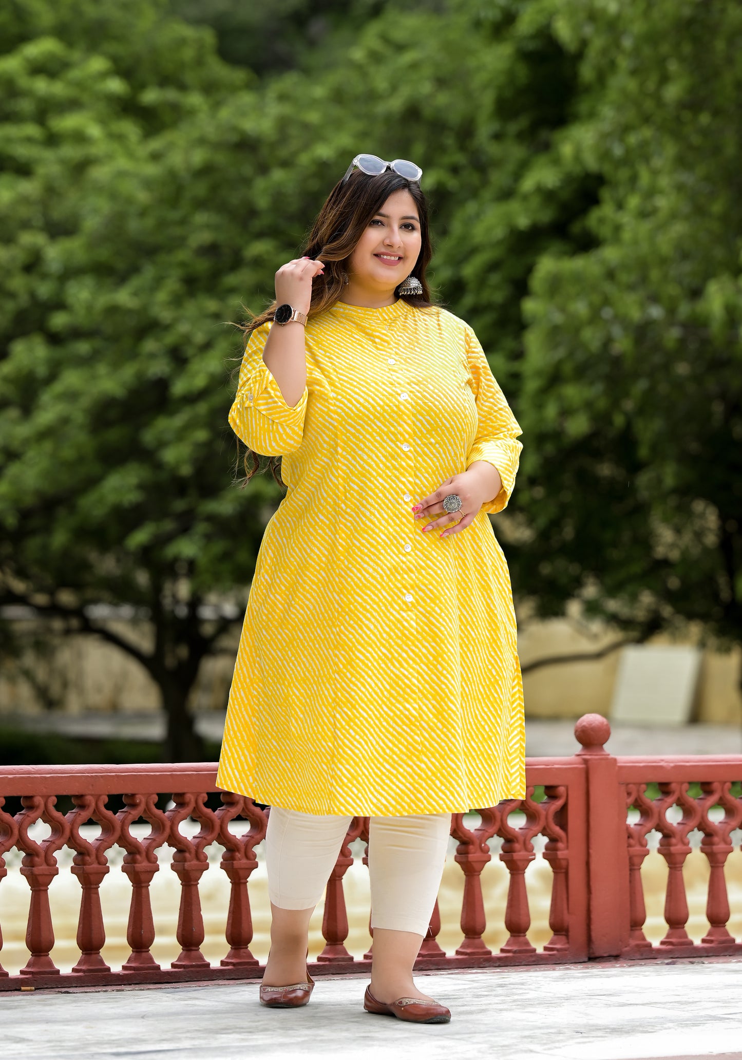 Yellow Lehriya Front Slit 'A' Line Kurta (Cotton)