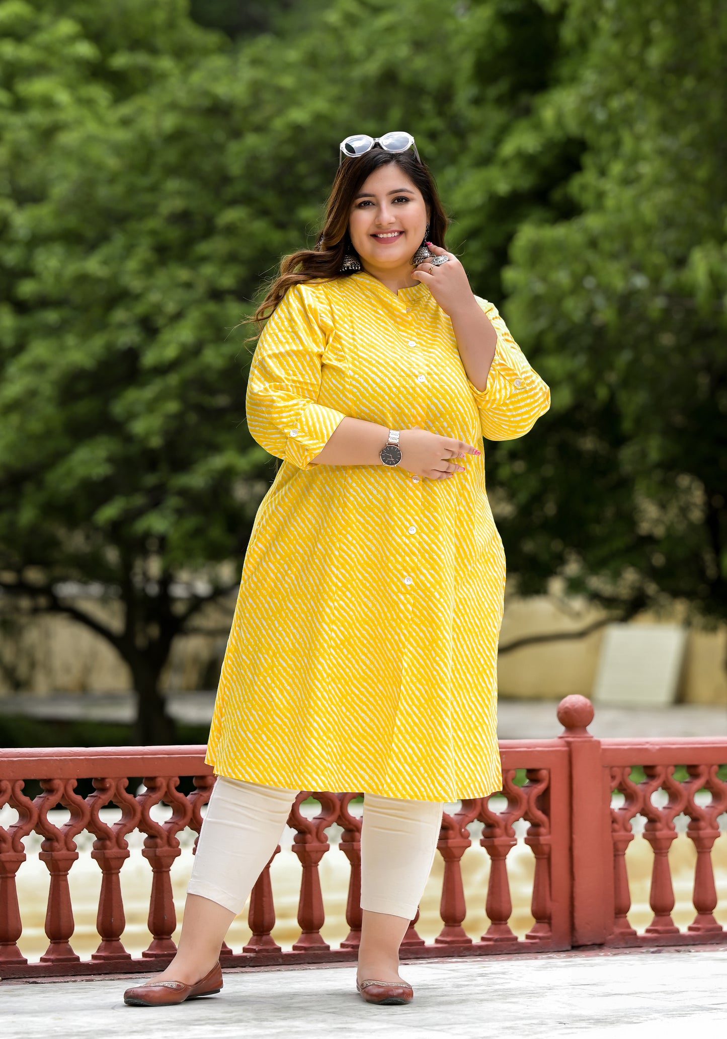Yellow Lehriya Front Slit 'A' Line Kurta (Cotton)