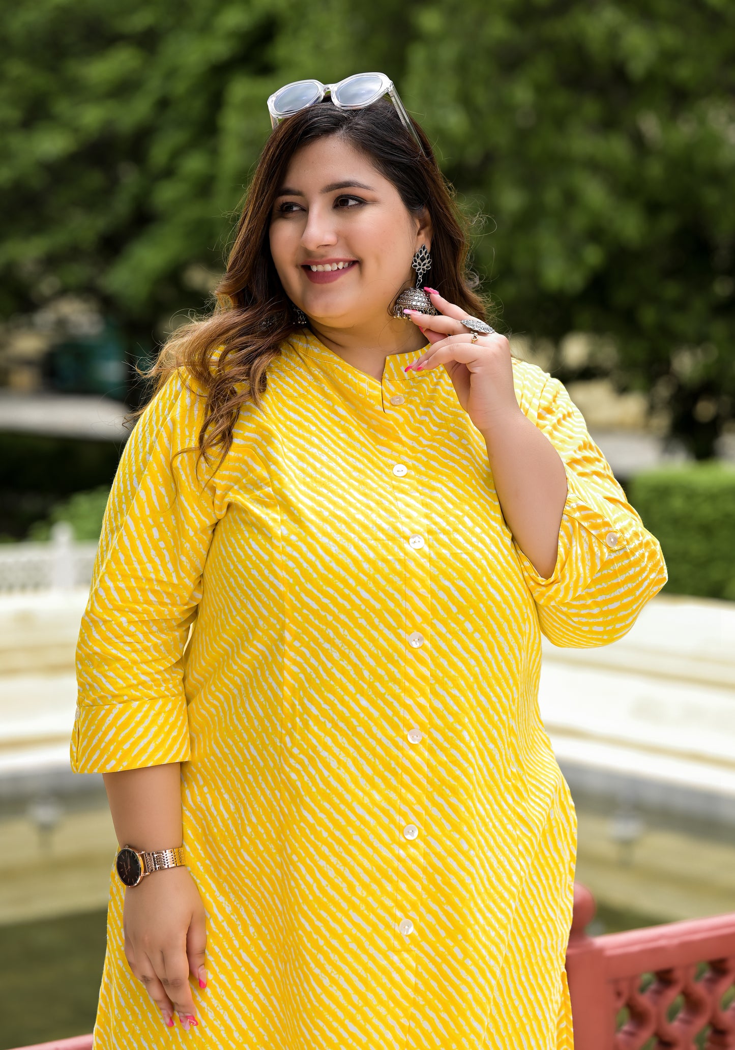 Yellow Lehriya Front Slit 'A' Line Kurta (Cotton)