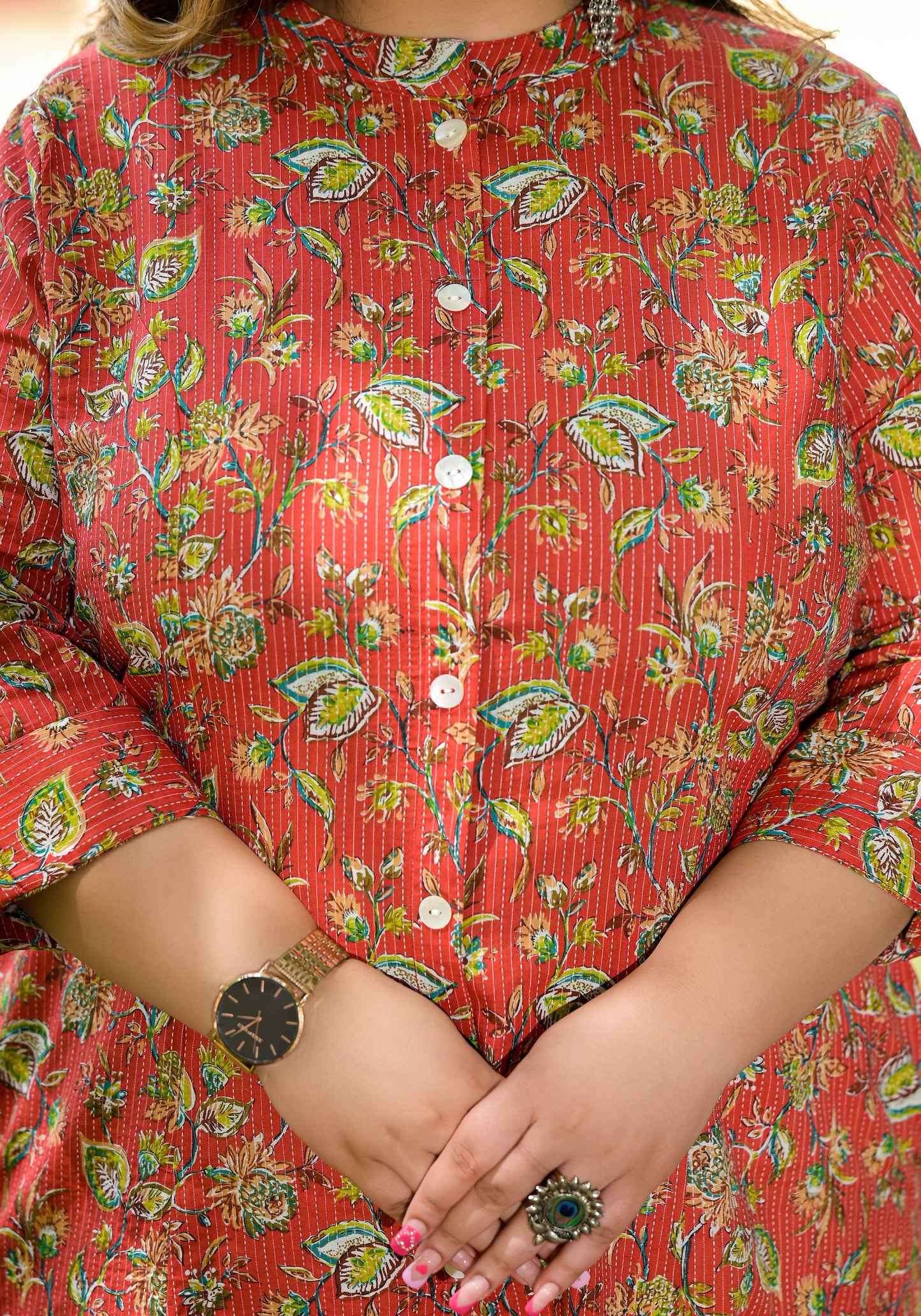 Red Front Slit 'A' Line Kurta (Cotton)