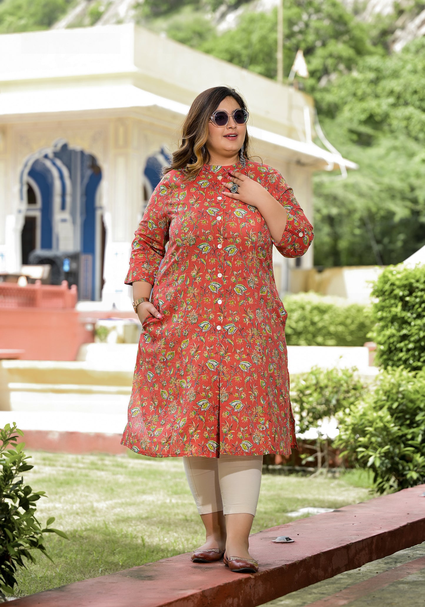 Red Front Slit 'A' Line Kurta (Cotton)