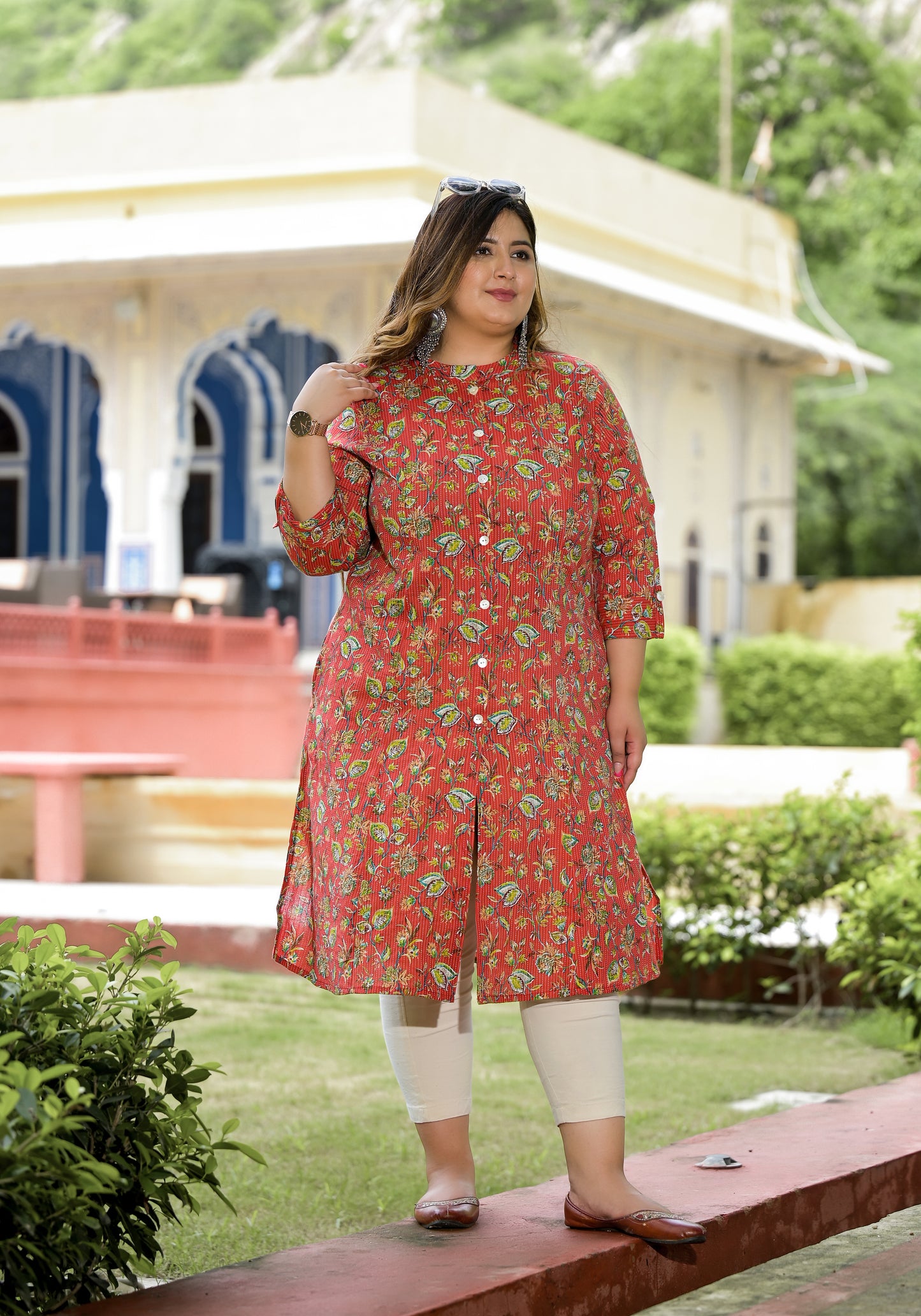 Red Front Slit 'A' Line Kurta (Cotton)