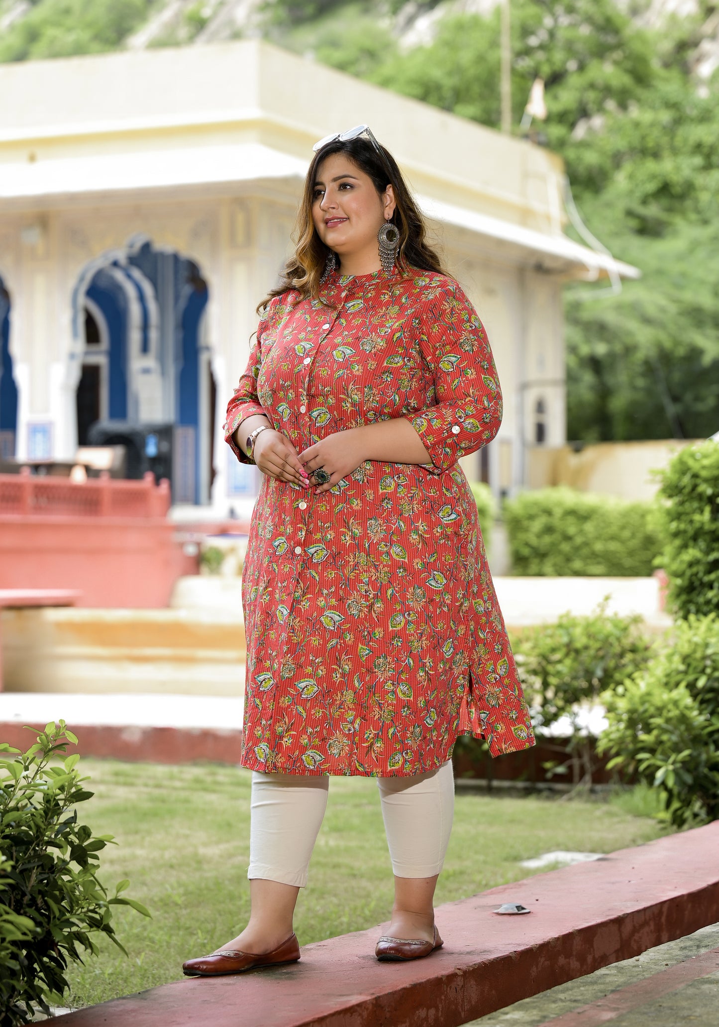 Red Front Slit 'A' Line Kurta (Cotton)