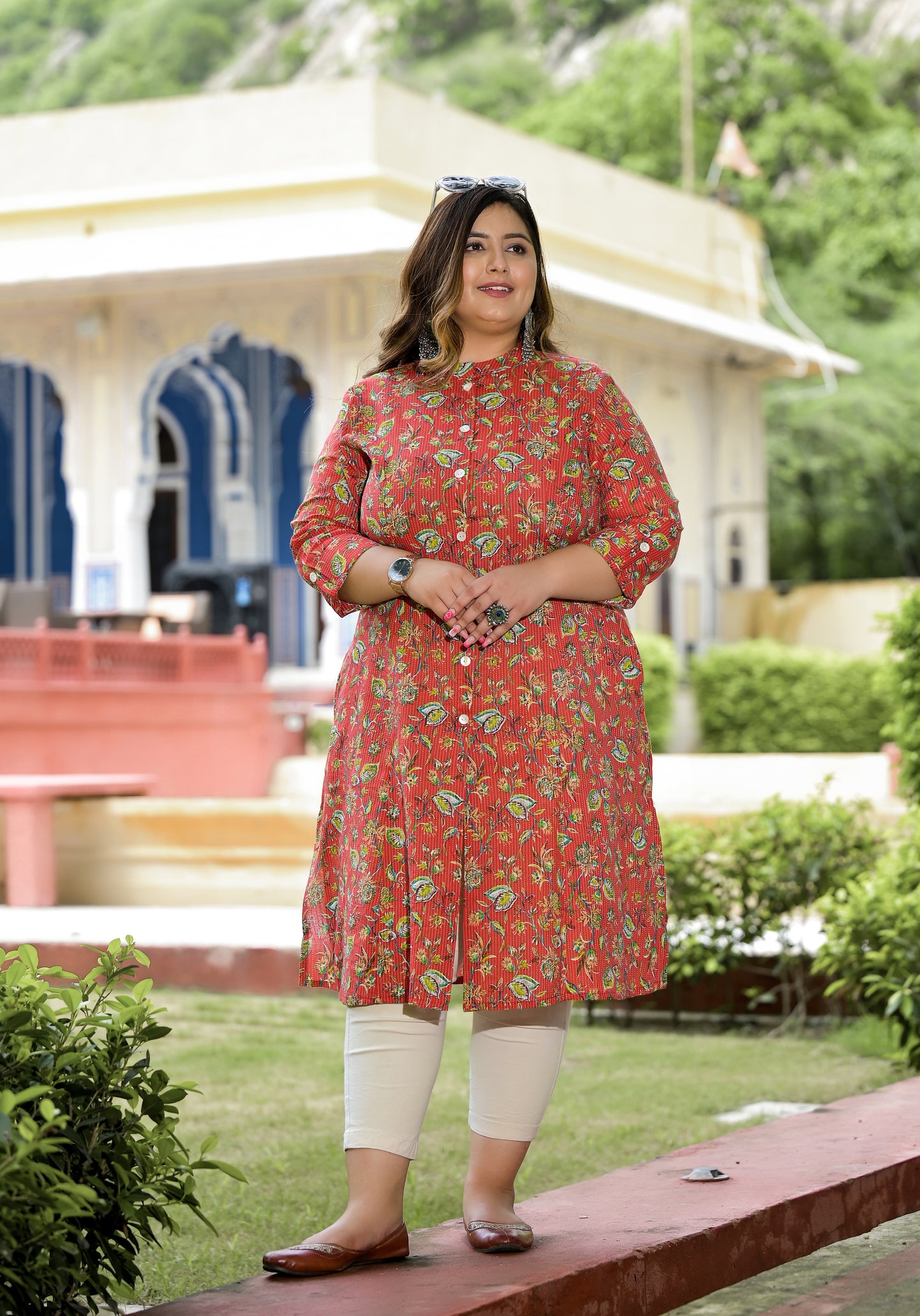 Red Front Slit 'A' Line Kurta (Cotton)