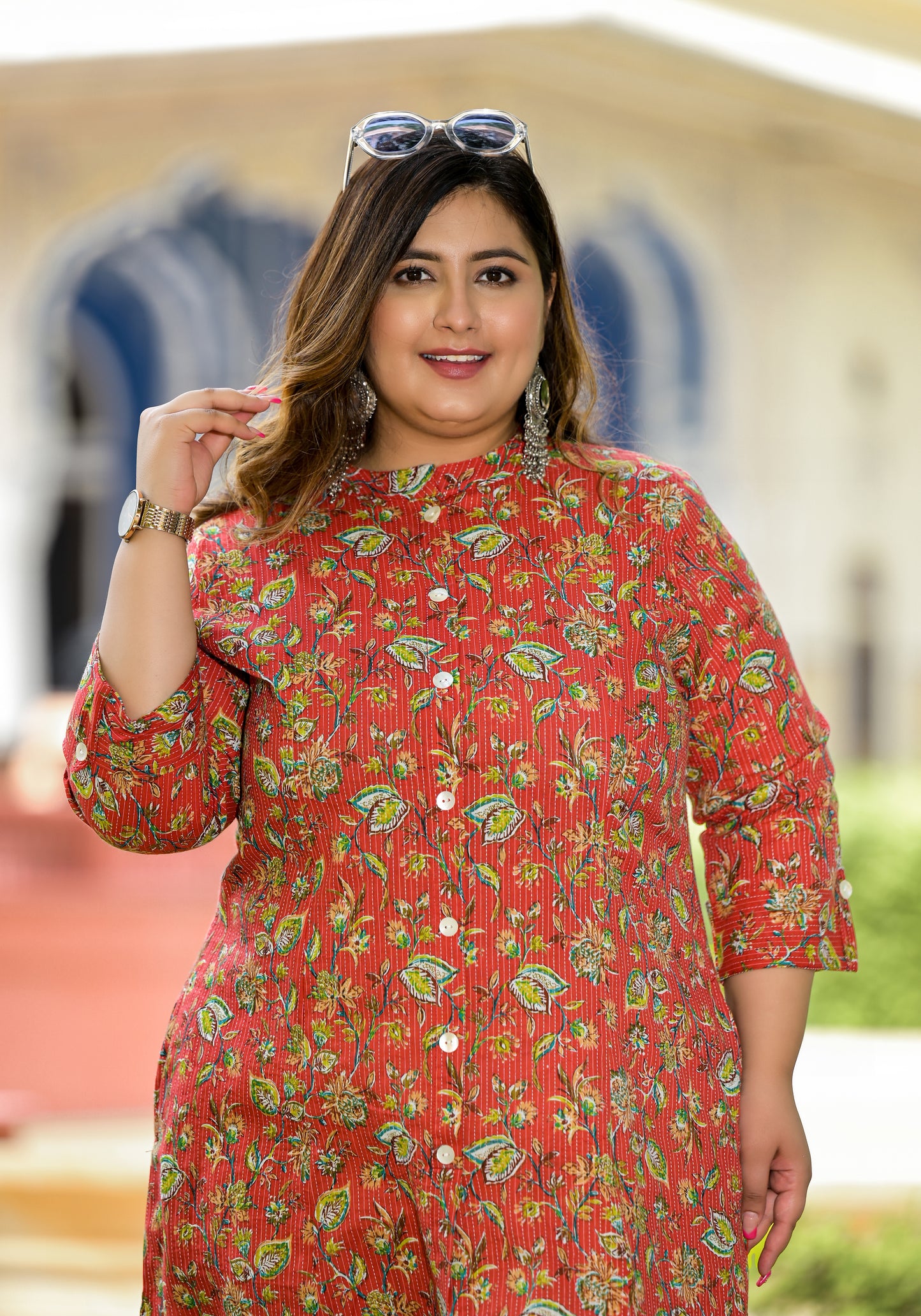 Red Front Slit 'A' Line Kurta (Cotton)