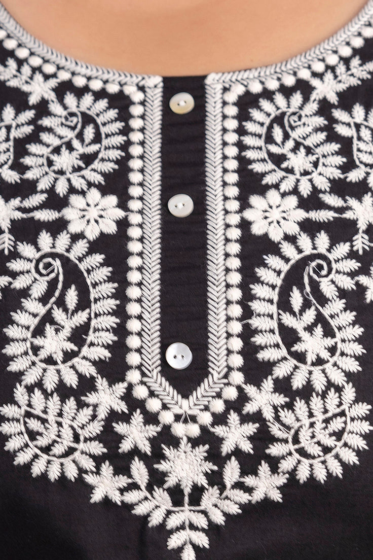 Black Embroidered Pure Cotton Top