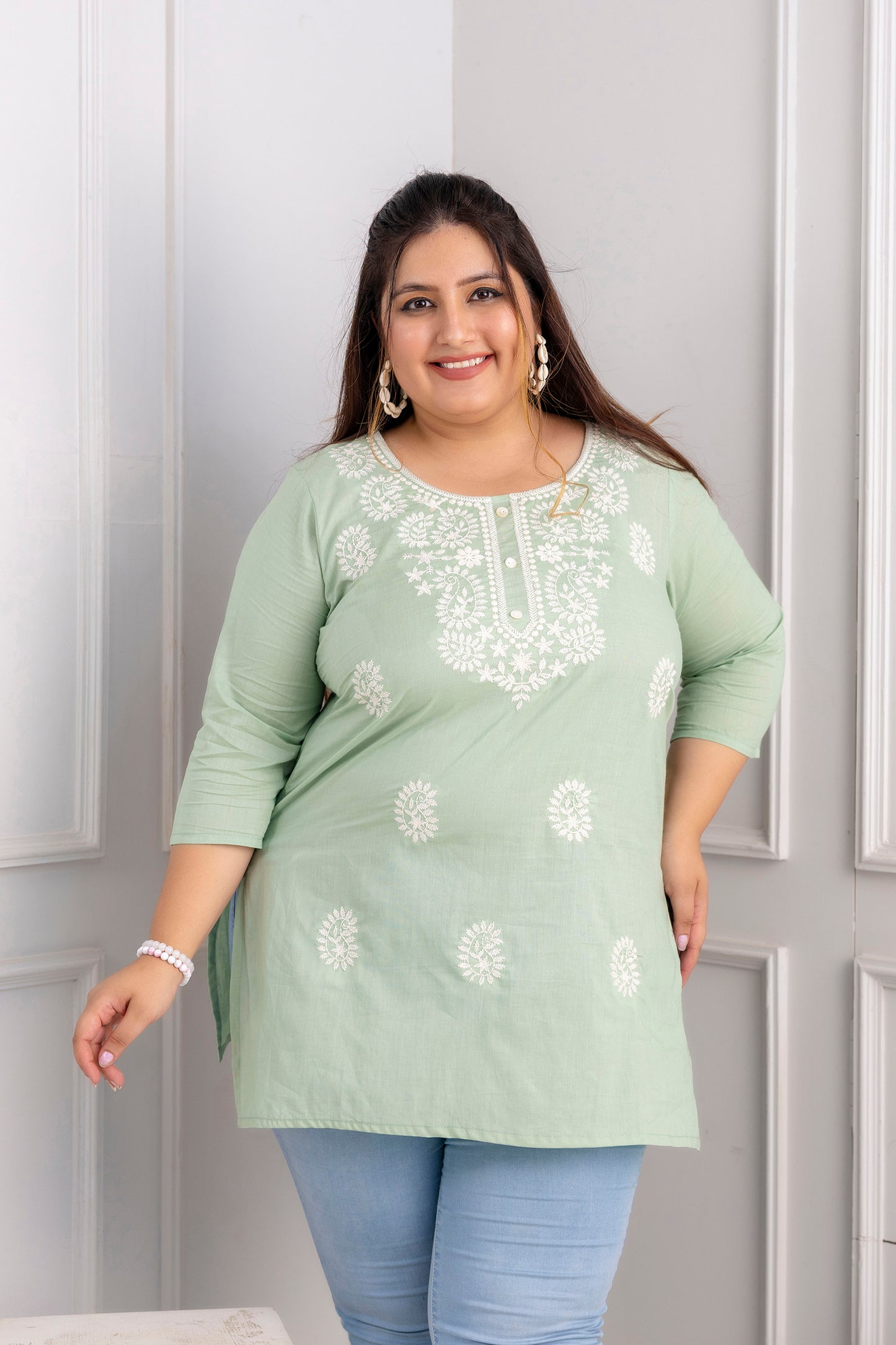 Pistachio Green Embroidered Pure Cotton Top