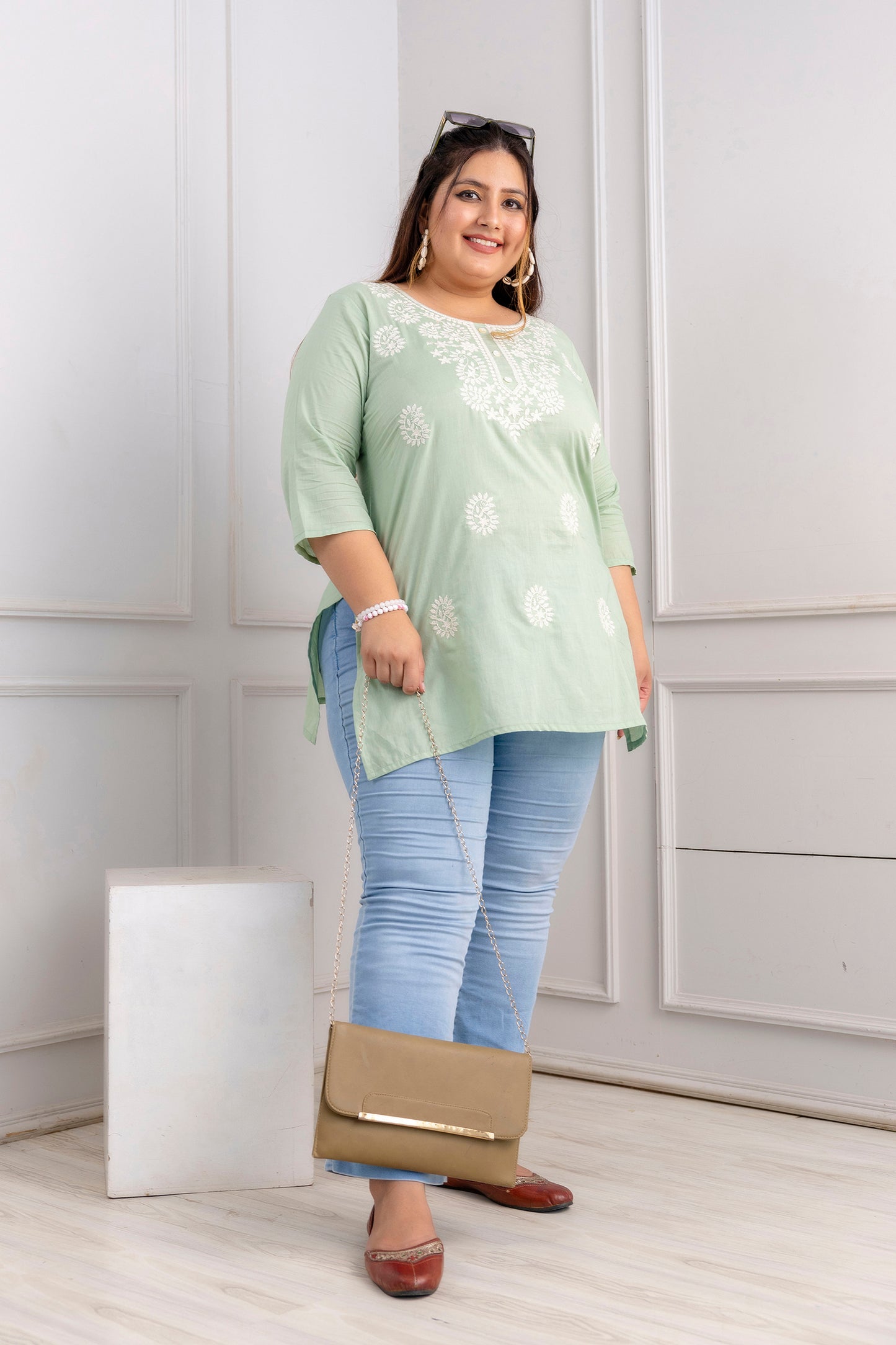Pistachio Green Embroidered Pure Cotton Top