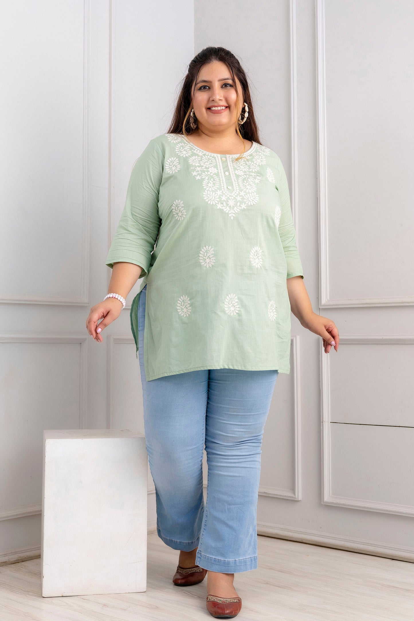 Pistachio Green Embroidered Pure Cotton Top