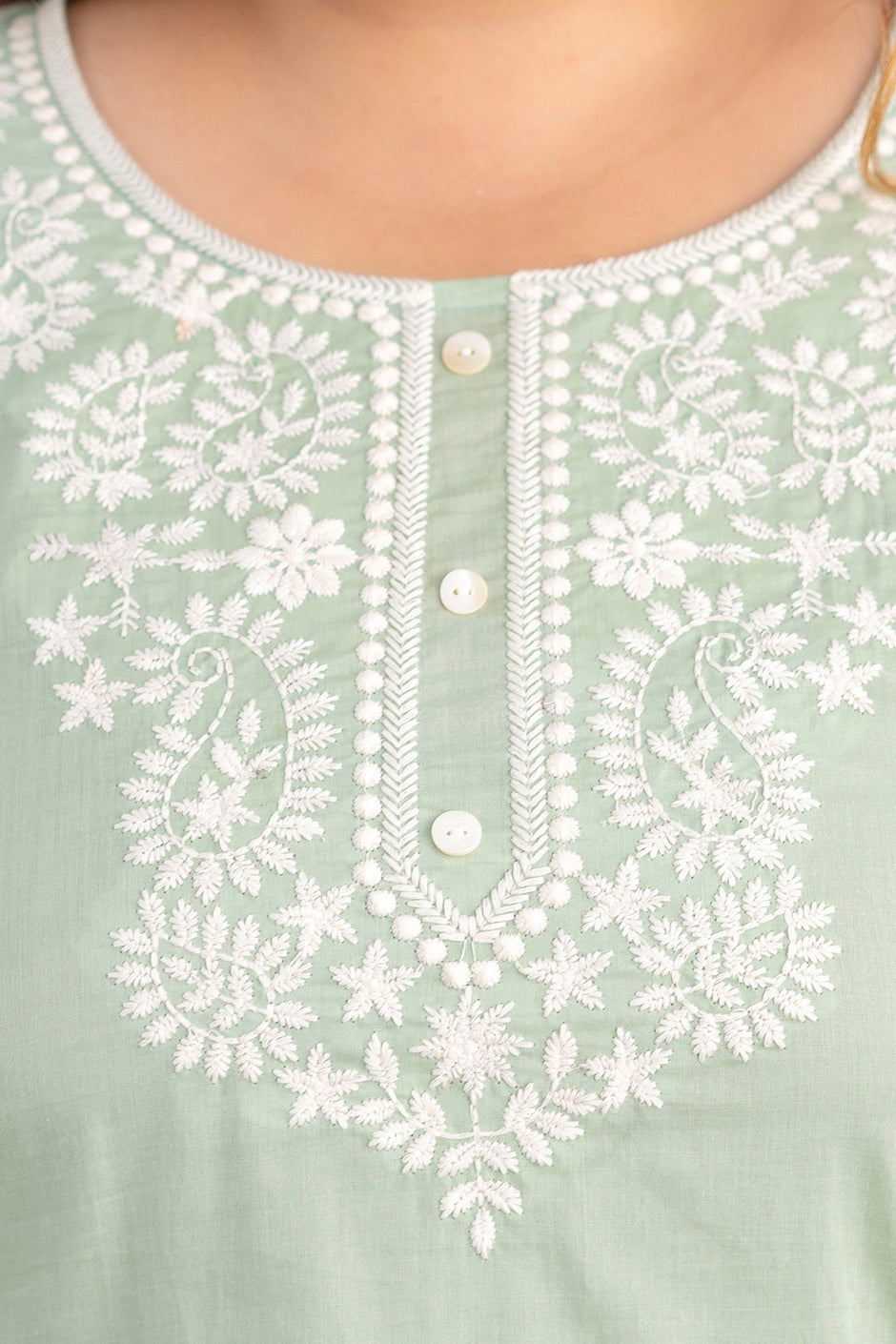 Pistachio Green Embroidered Pure Cotton Top