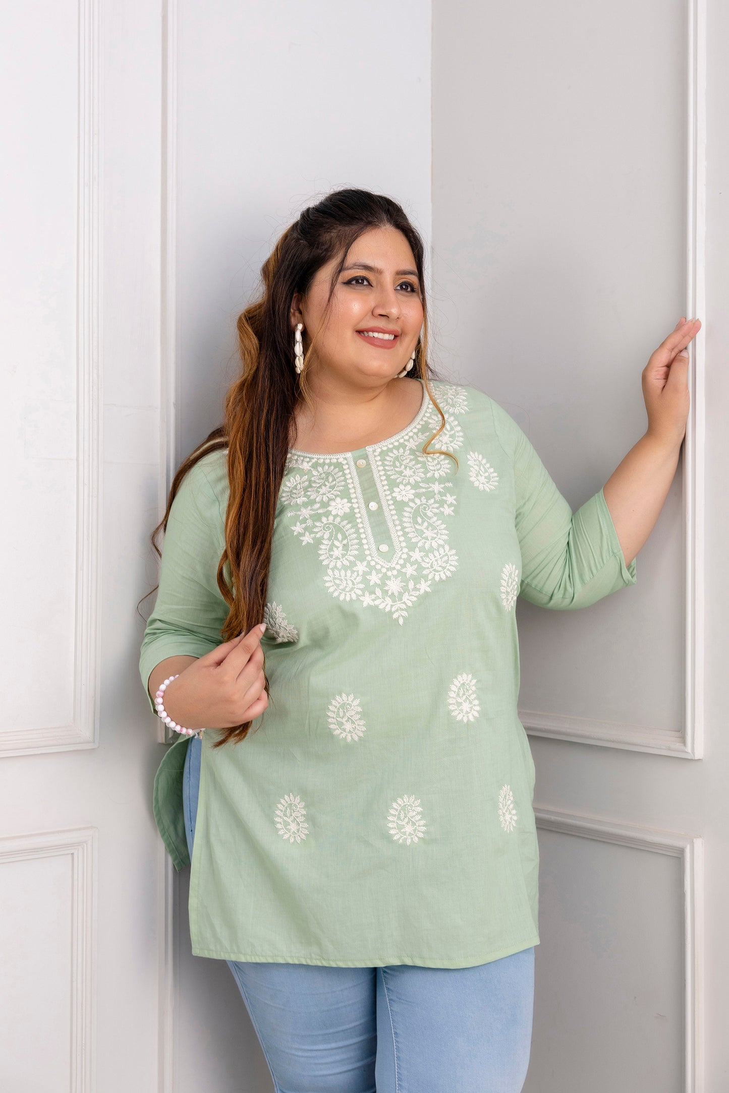 Pistachio Green Embroidered Pure Cotton Top