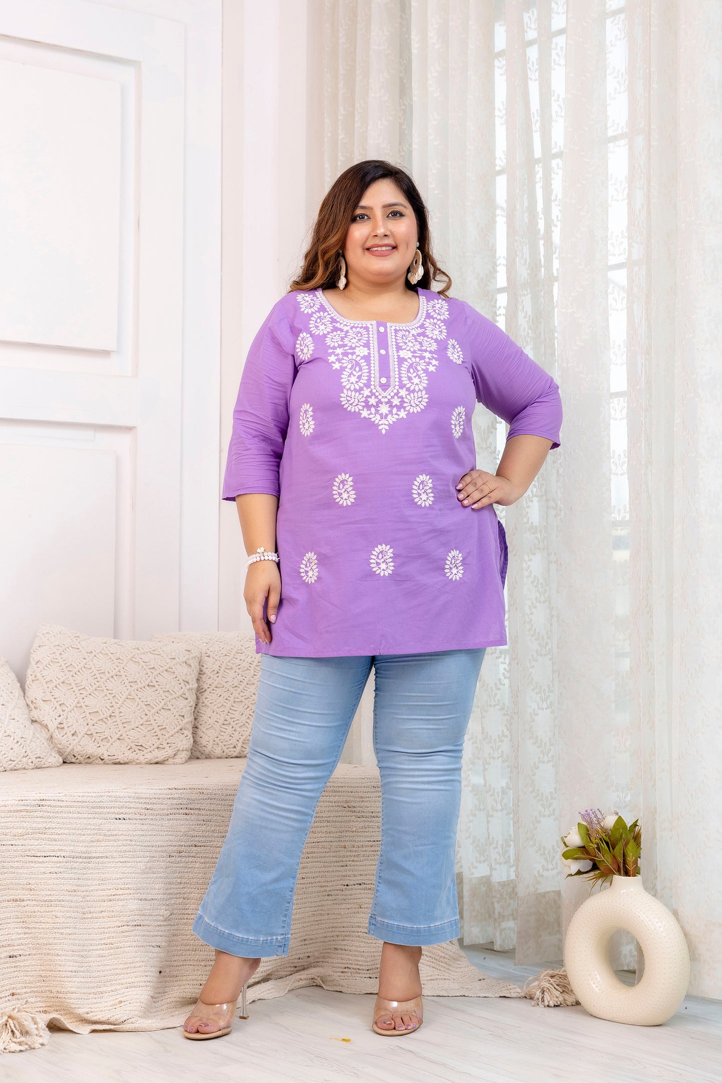 Light Purple Embroidered Pure Cotton Top