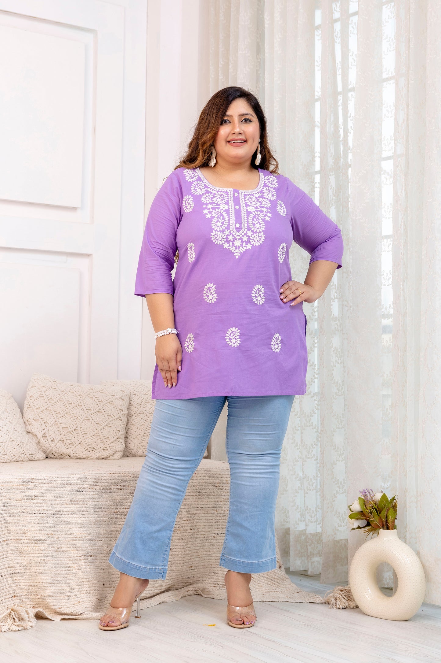 Light Purple Embroidered Pure Cotton Top