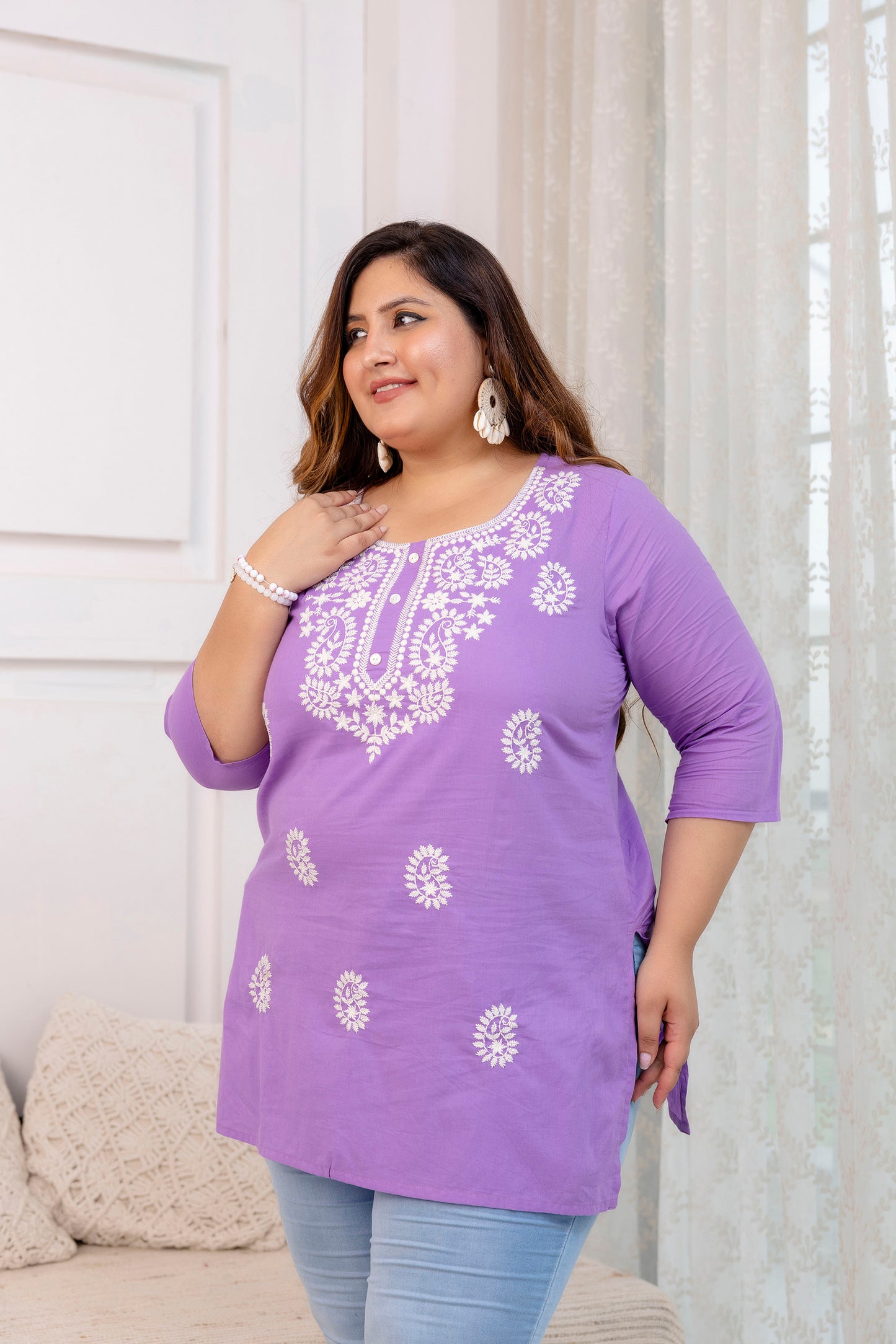 Light Purple Embroidered Pure Cotton Top