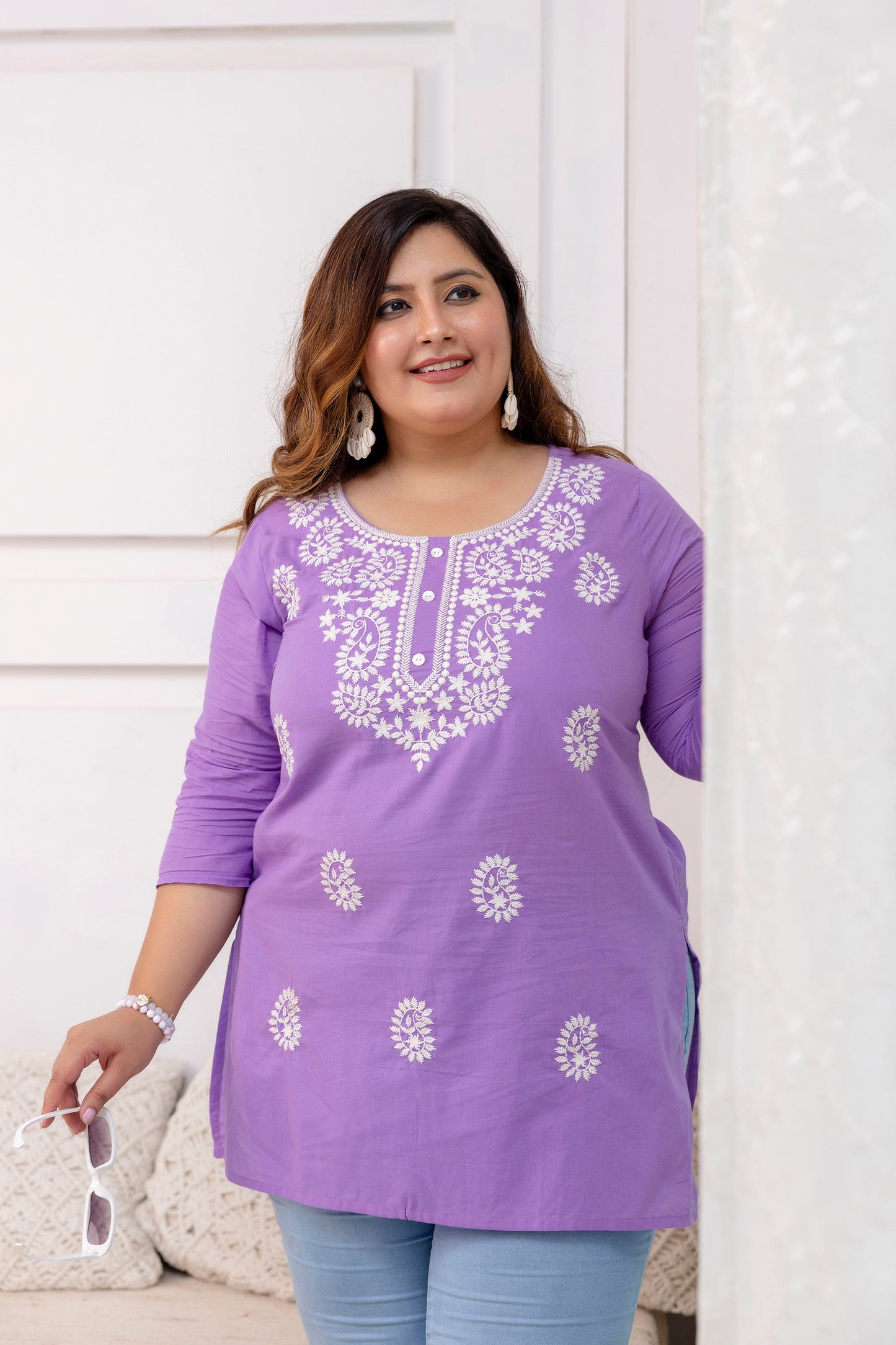 Light Purple Embroidered Pure Cotton Top