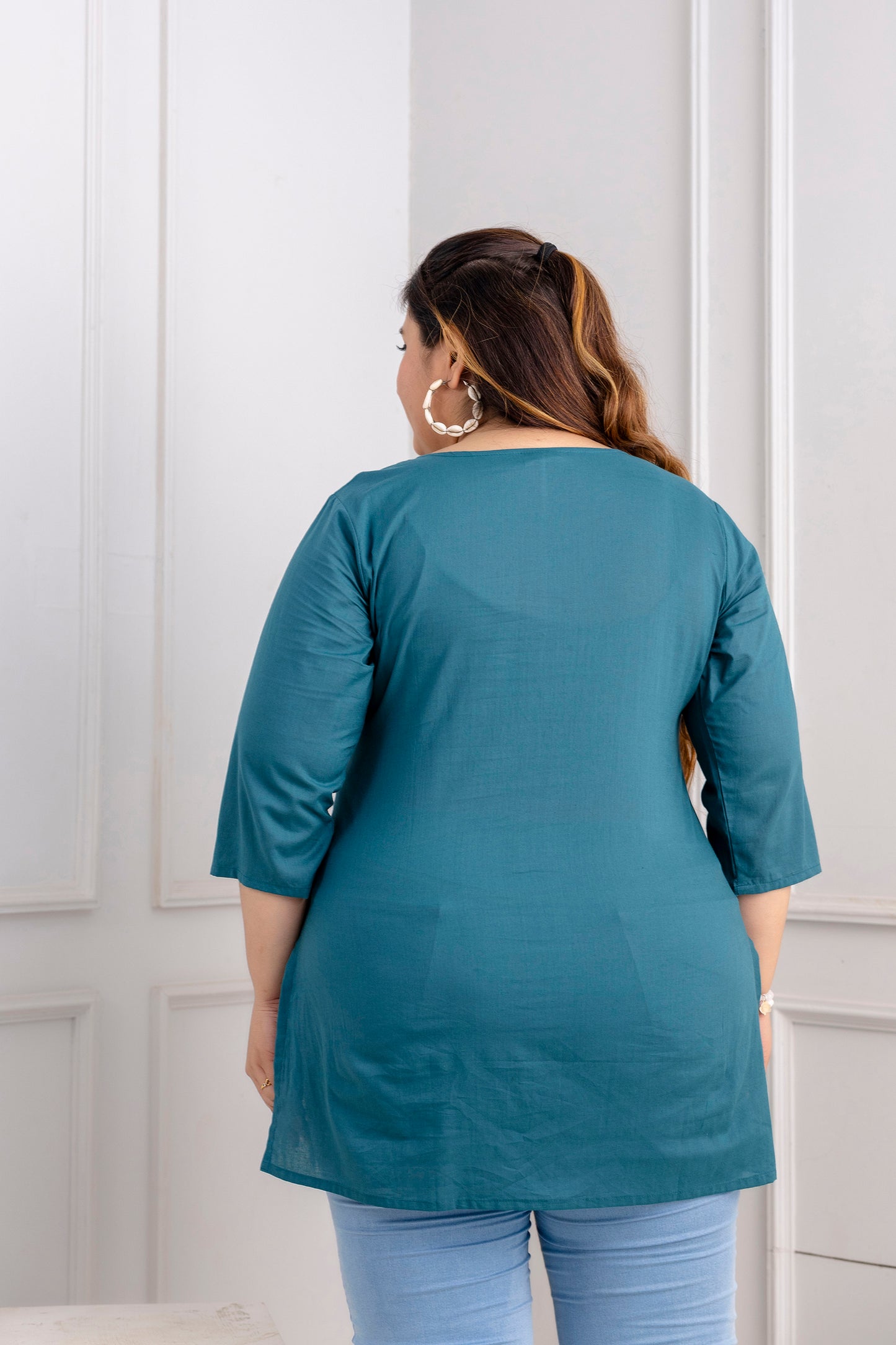 Teal Embroidered Pure Cotton Top