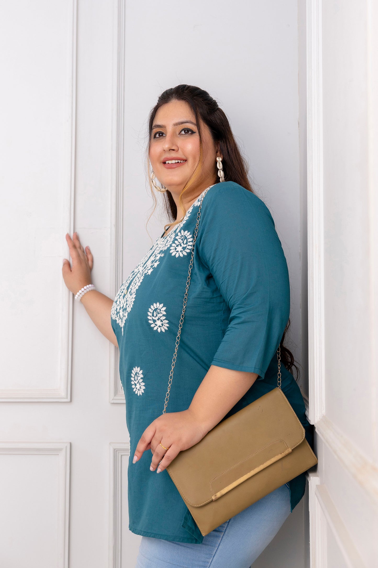 Teal Embroidered Pure Cotton Top