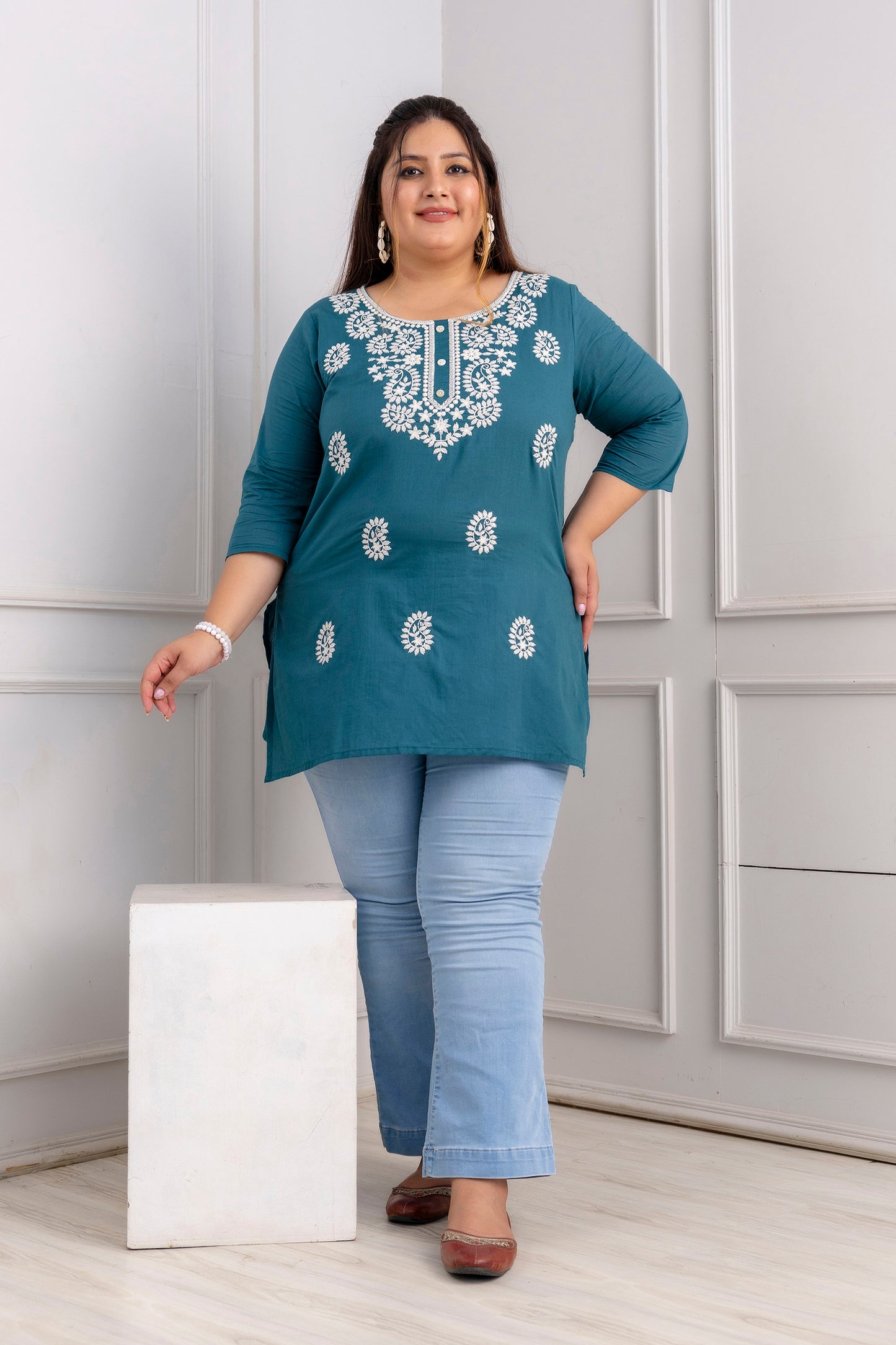 Teal Embroidered Pure Cotton Top