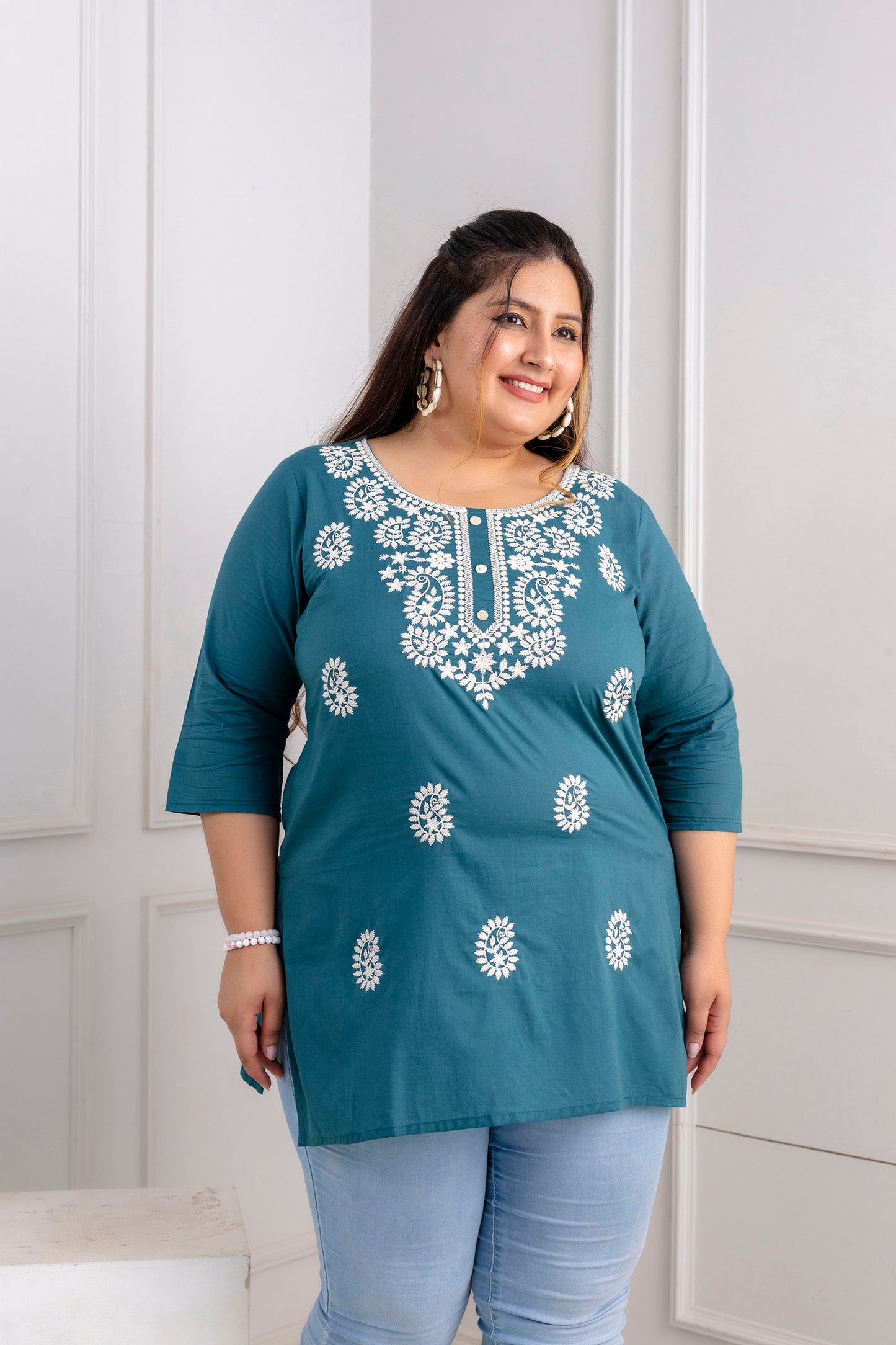 Teal Embroidered Pure Cotton Top