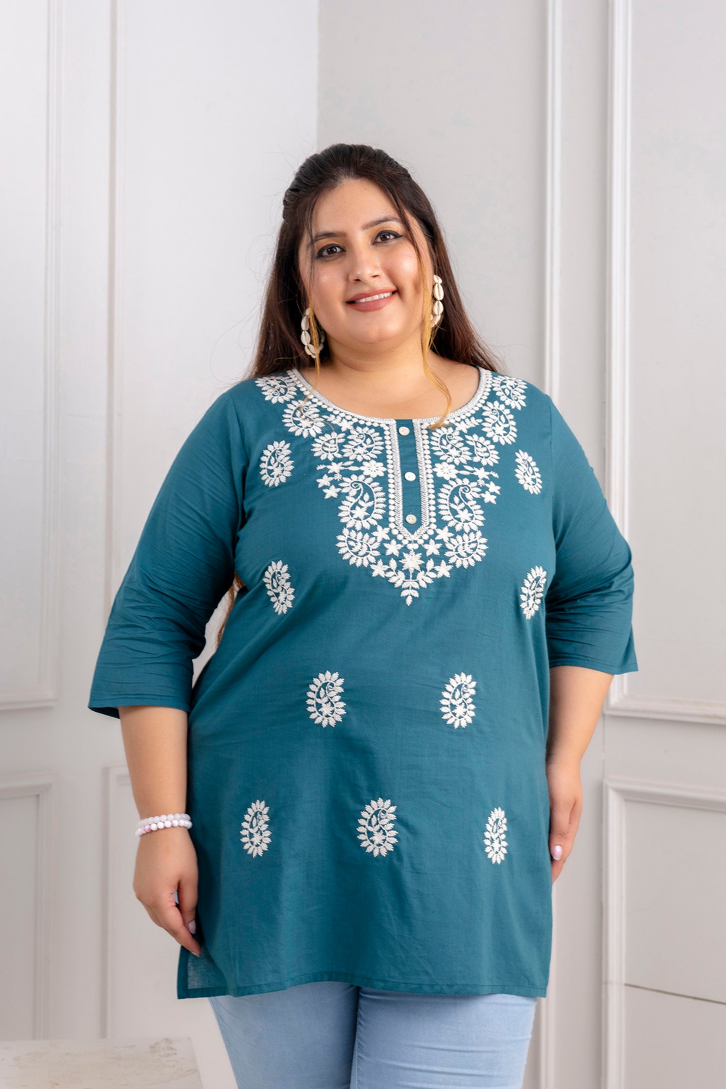 Teal Embroidered Pure Cotton Top