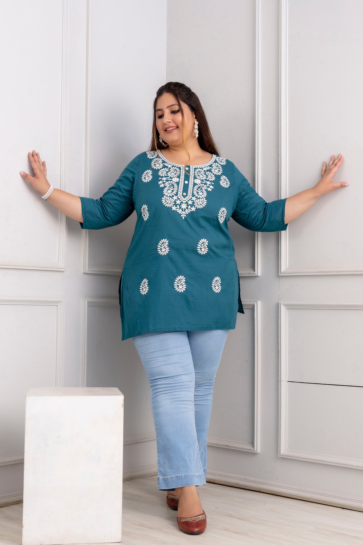 Teal Embroidered Pure Cotton Top