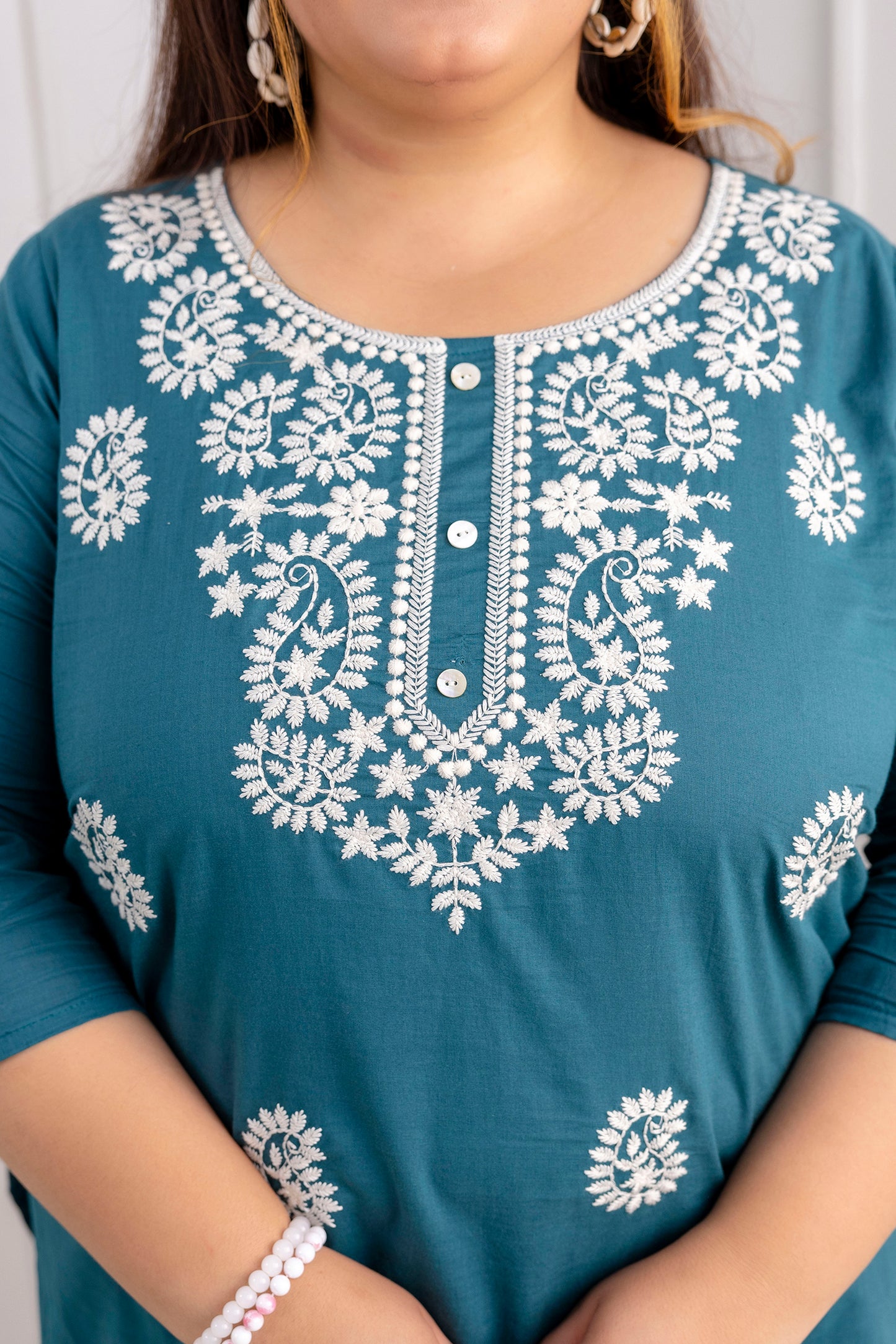 Teal Embroidered Pure Cotton Top