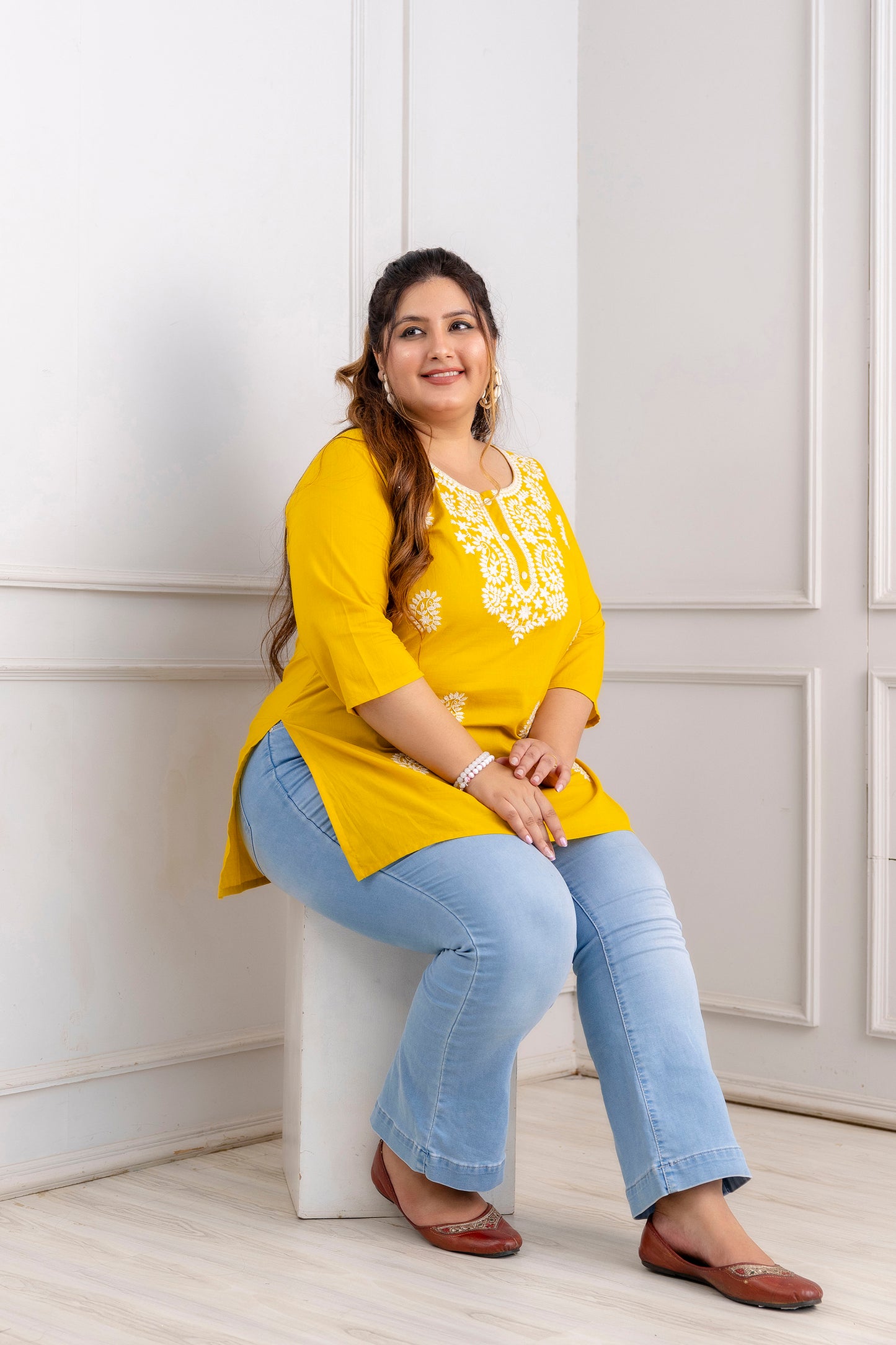 Yellow Embroidered Pure Cotton Top