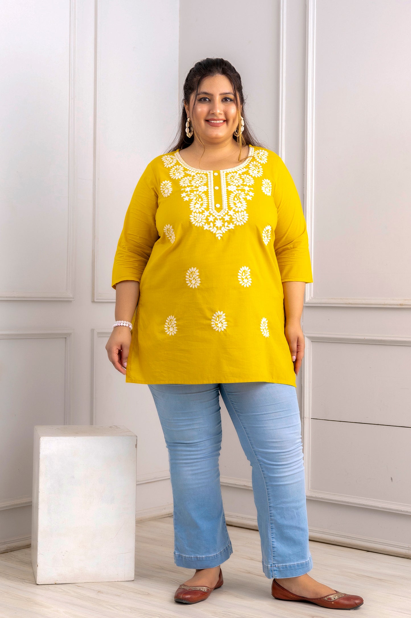 Yellow Embroidered Pure Cotton Top