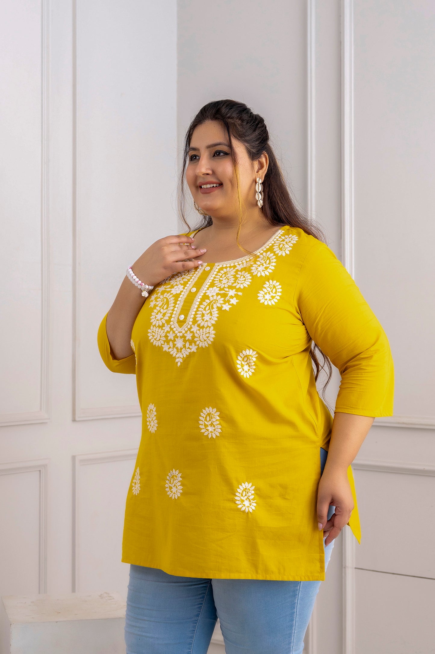 Yellow Embroidered Pure Cotton Top