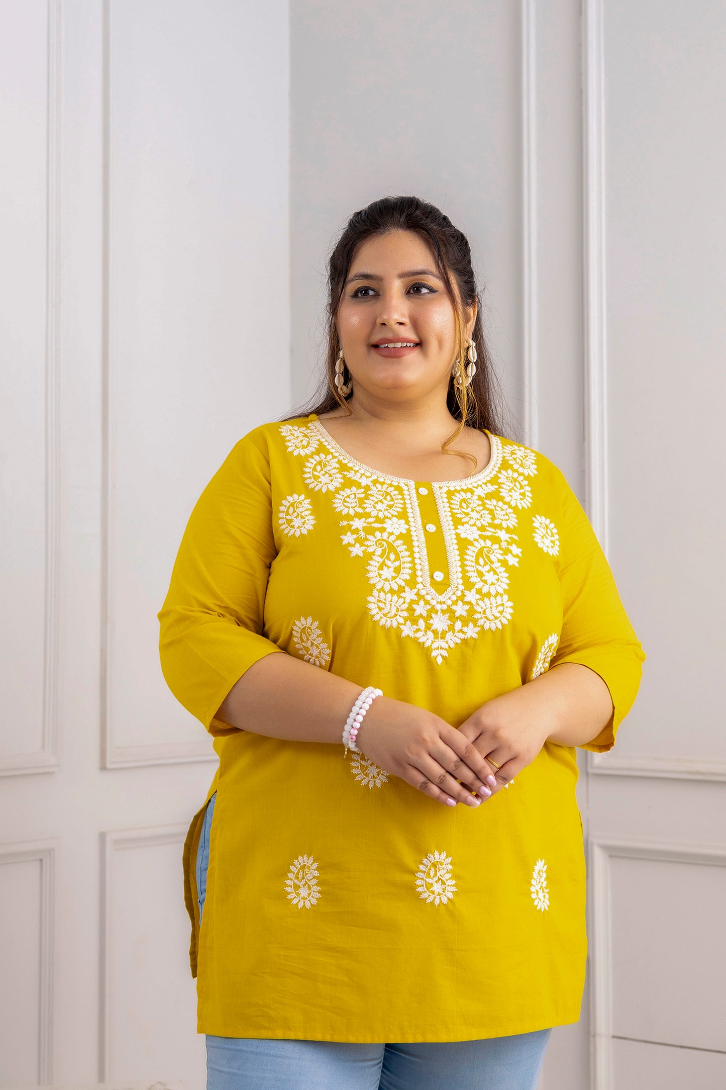 Yellow Embroidered Pure Cotton Top