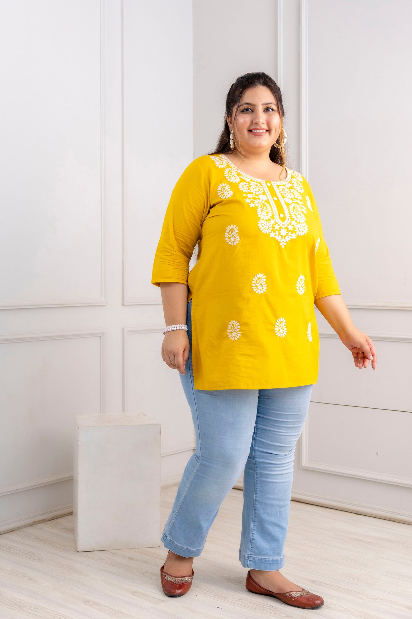 Yellow Embroidered Pure Cotton Top