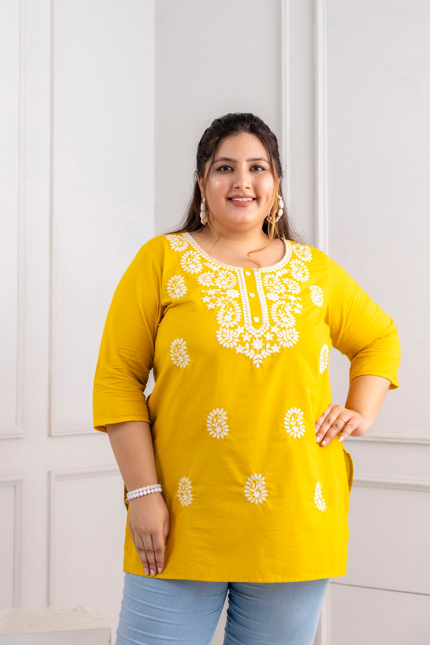 Yellow Embroidered Pure Cotton Top