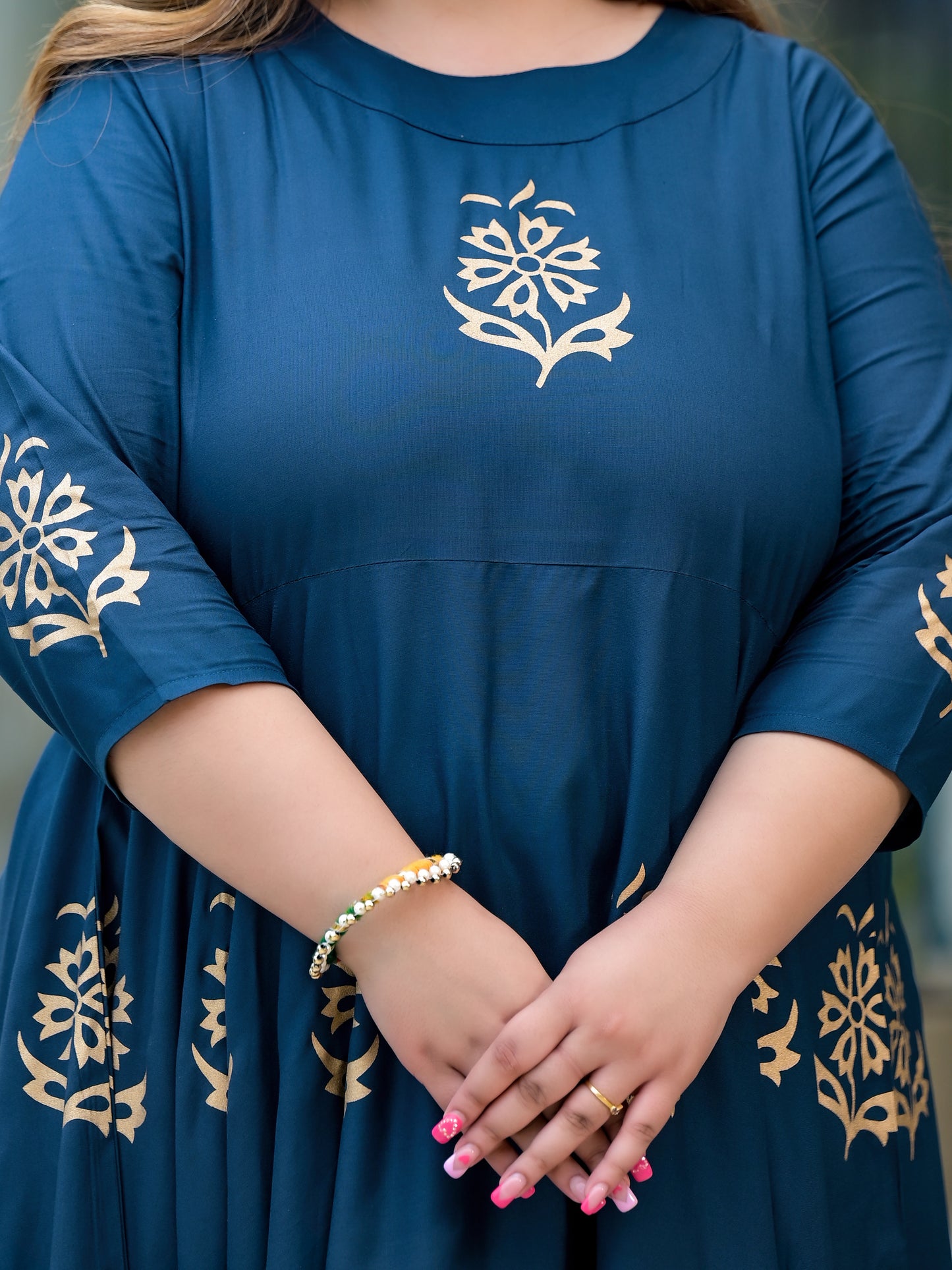 Women Printed Rayon Flared Kurta (Blue)