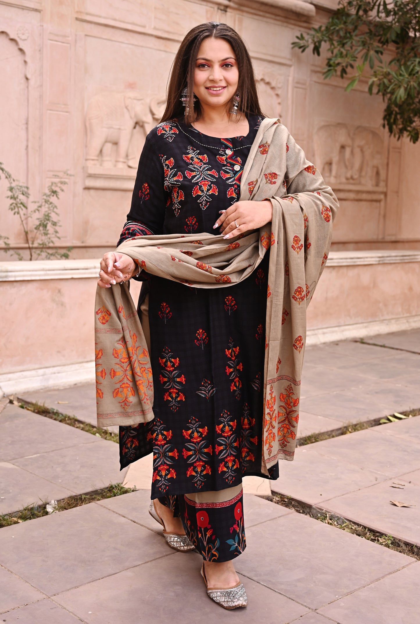 Black Grey Jaipuri Hand Block Suit Set