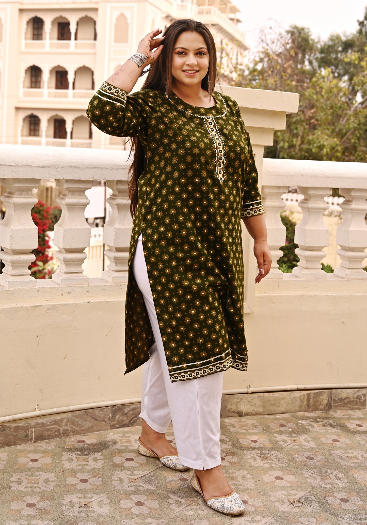 Olive Green Mirrorwork Straight Kurti