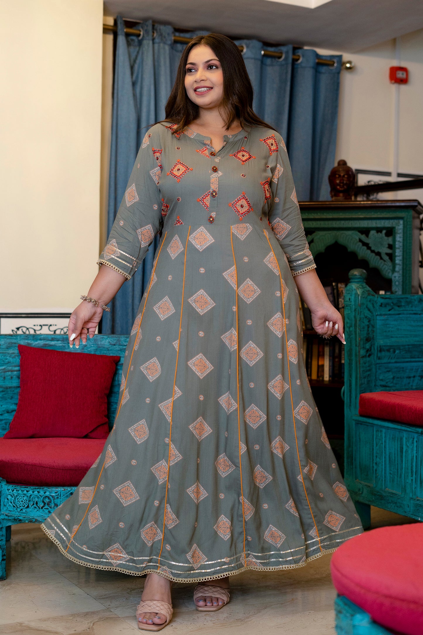 Grey Traditional Anarkali Kurti with Handwork