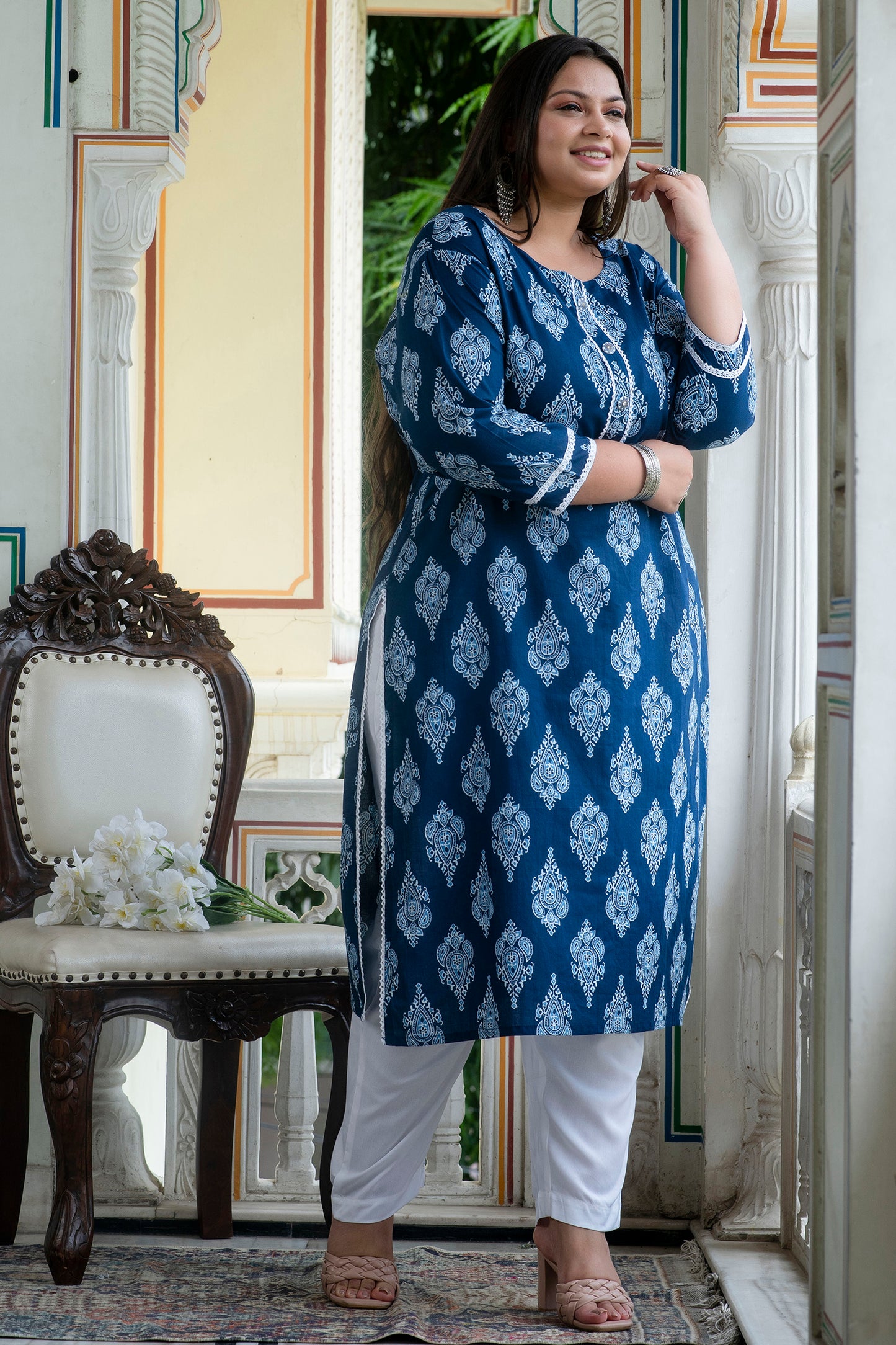 Prussian Blue Pure Cotton Straight Kurti