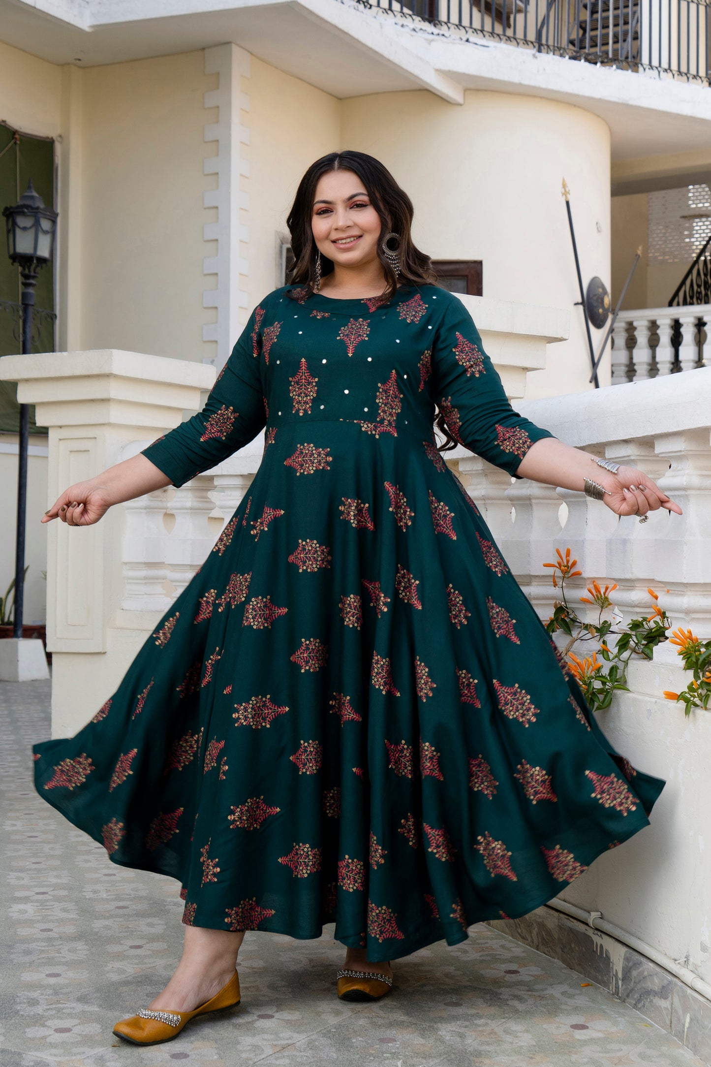 Green Anarkali Kurti With Mirrorwork