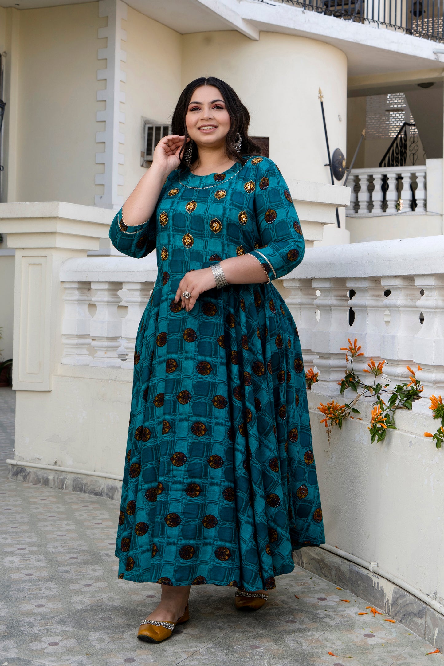 Teal Blue Anarkali Kurti With Hand Work