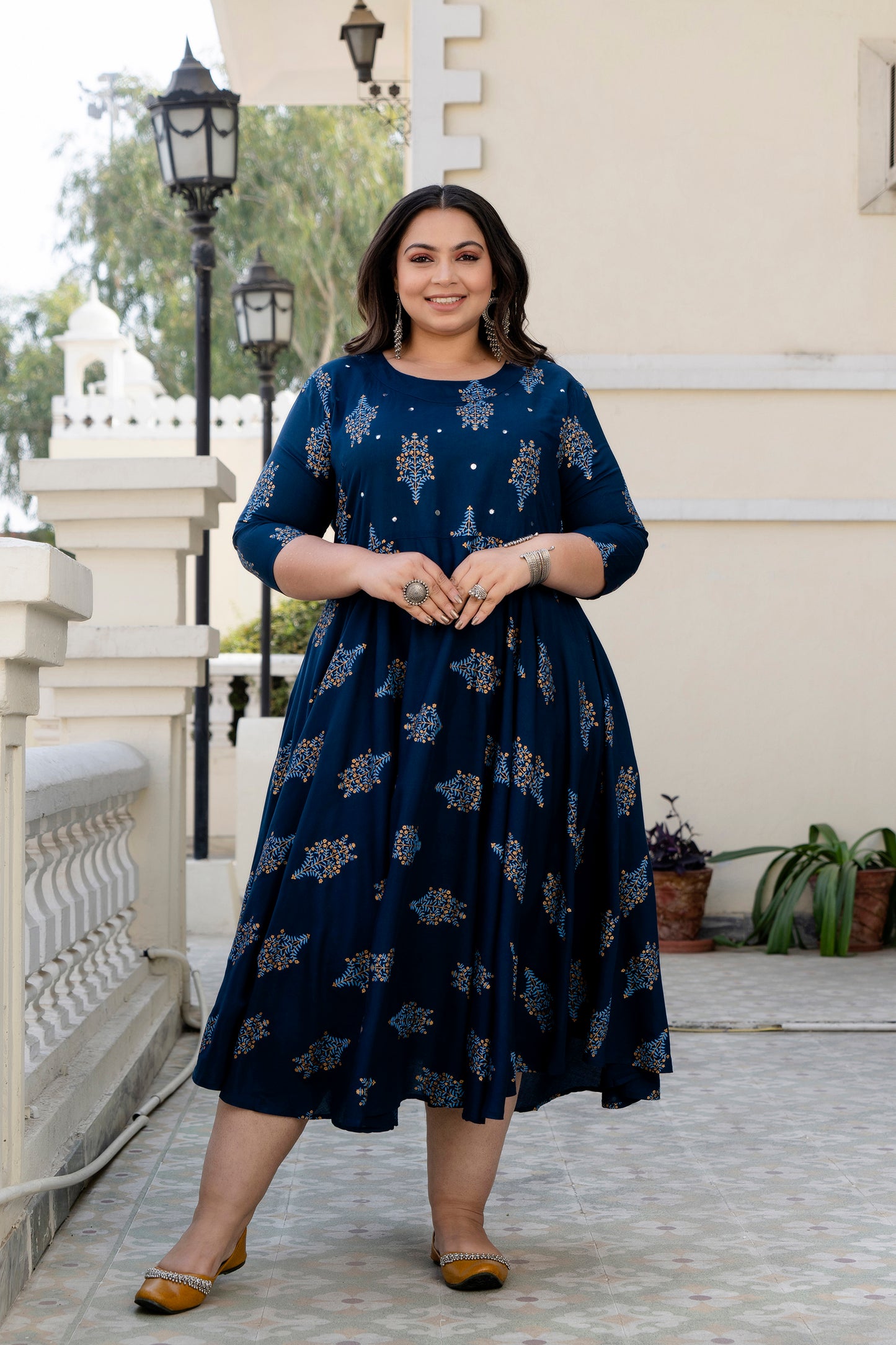 Blue Anarkali Kurti With Mirror Work
