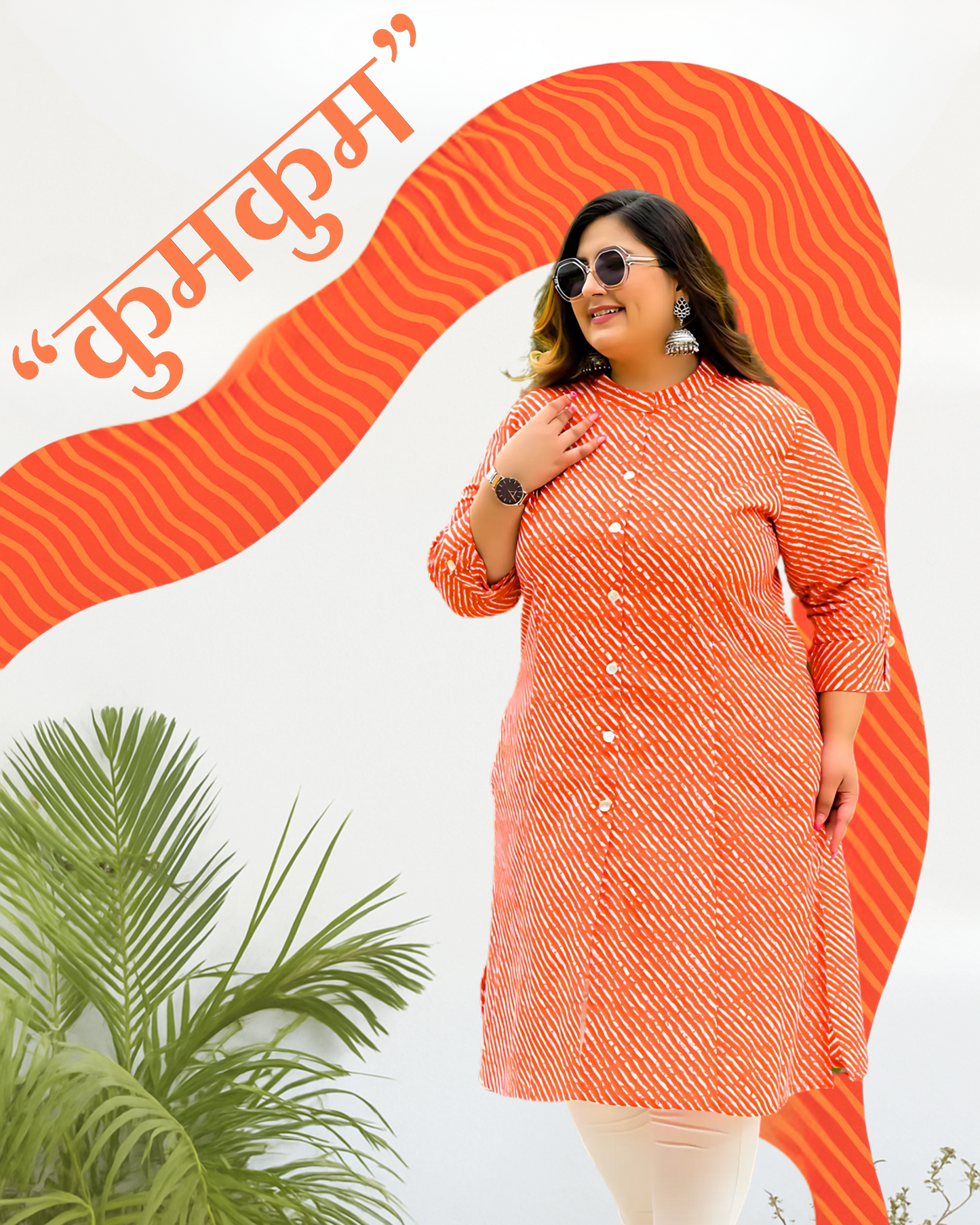 Orange Lehriya Front Slit 'A' Line Kurta (Cotton)