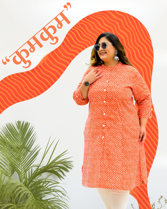 Orange Lehriya Front Slit 'A' Line Kurta (Cotton)